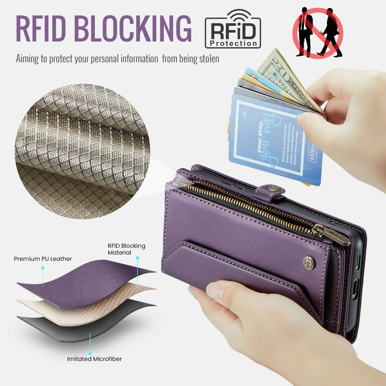 RFID BLOCKING  
Aiming to protect your personal information from being stolen  

RFiD Protection  

Premium PU Leather  
RFID Blocking Material  
Imitated Microfiber