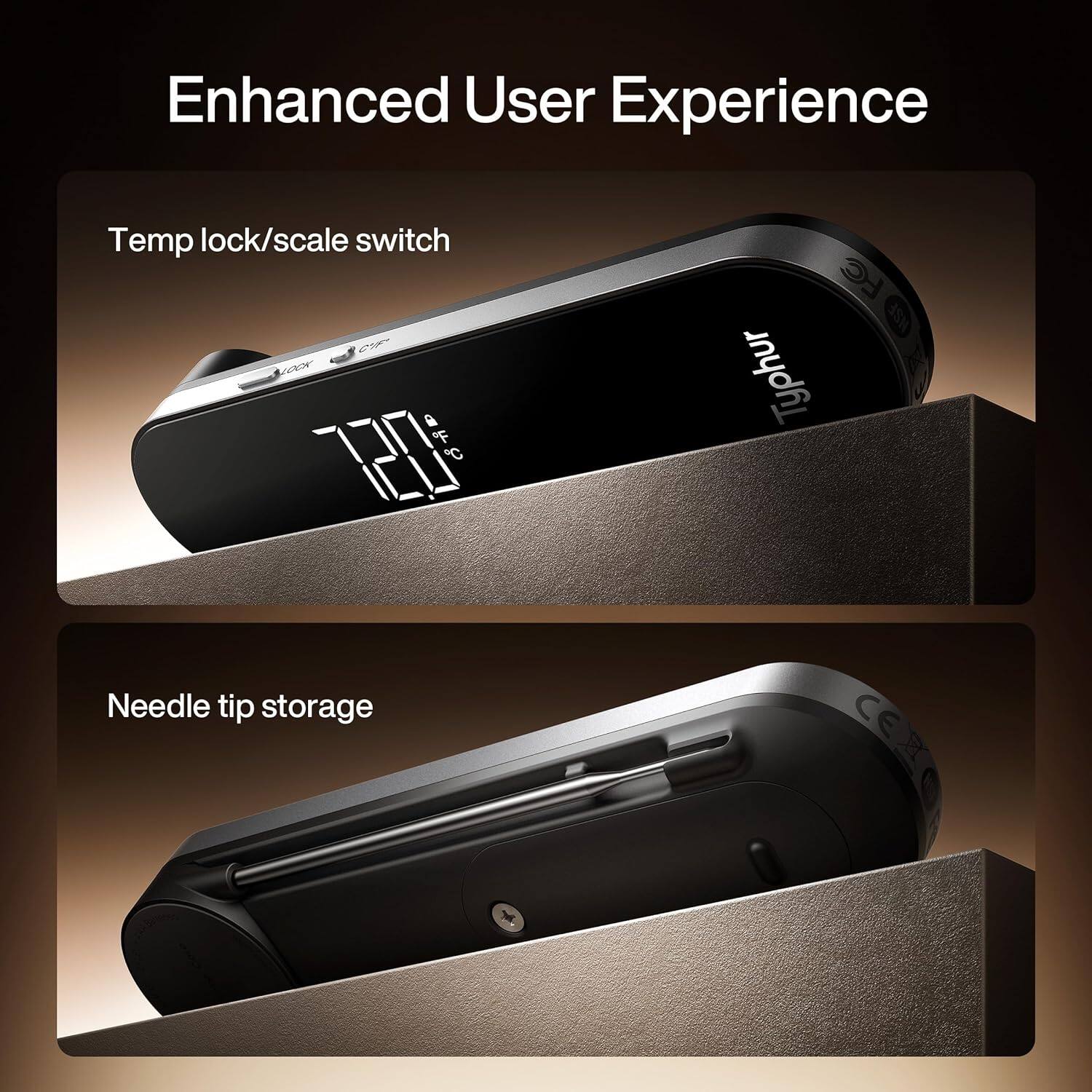 Enhanced User Experience

Temp lock/scale switch

Needle tip storage