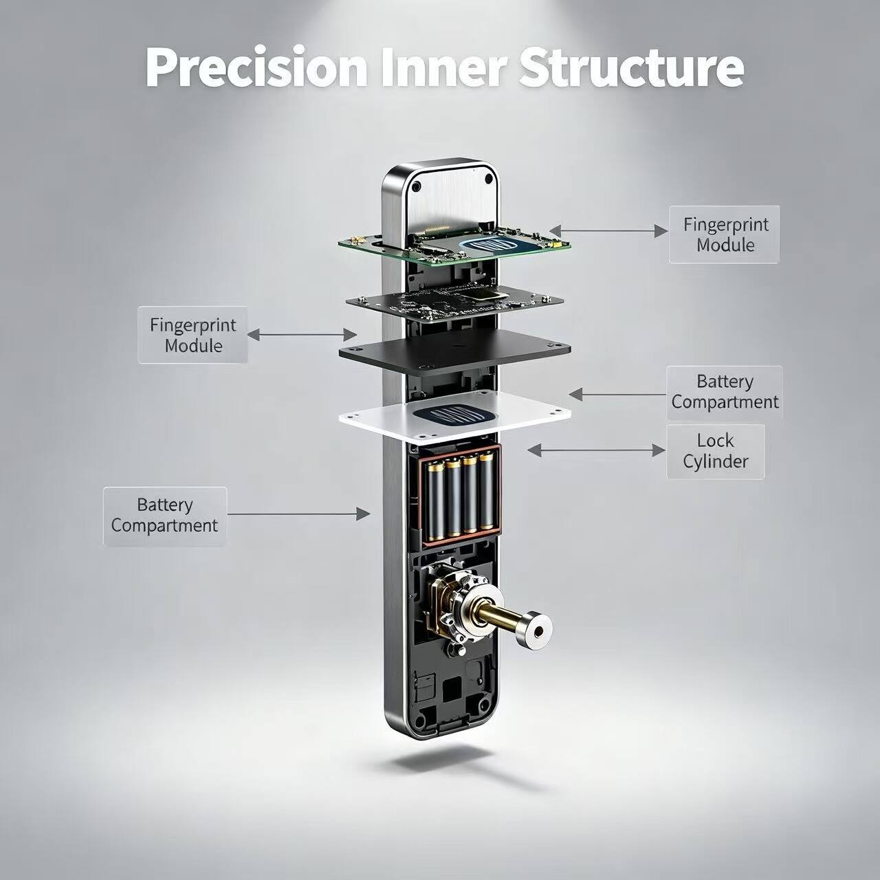 Precision Inner Structure

- Fingerprint Module
- Battery Compartment
- Lock Cylinder