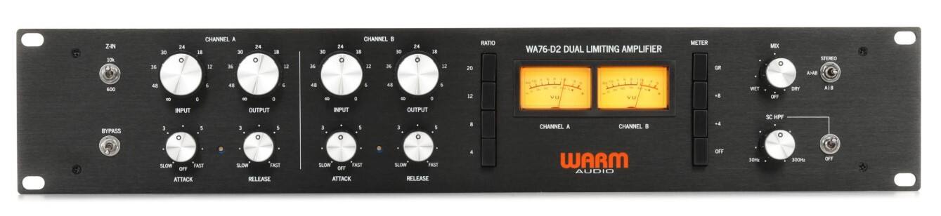 Z-4N JOk 36 30 24 O CHANNEL A S8 30 12 36 24 O 18 12 36 30 24 O CHANNEL 18 30 12 - 24 18 12 20 RATIO WA76-D2 DUAL LIMITING AMPLIFIER METER GR MIX STERED AHAB 600 48 - . i 48 - + & 48 - D 4 48 - I 12 + WET OFF DRY AIR BYPASS & INPUT 5 OUTPUT D 5 1 INPUT 1 OUTPUT 1 5 8 CHANNEL A CHANNEL +4 SC HPF SLOW FAST THO ATTACK SLOW FAST RELEASE SLOW FAST OFF ATTACK SLOW FAST RELEASE A WARM AUDIO OFF 30 300H OFF