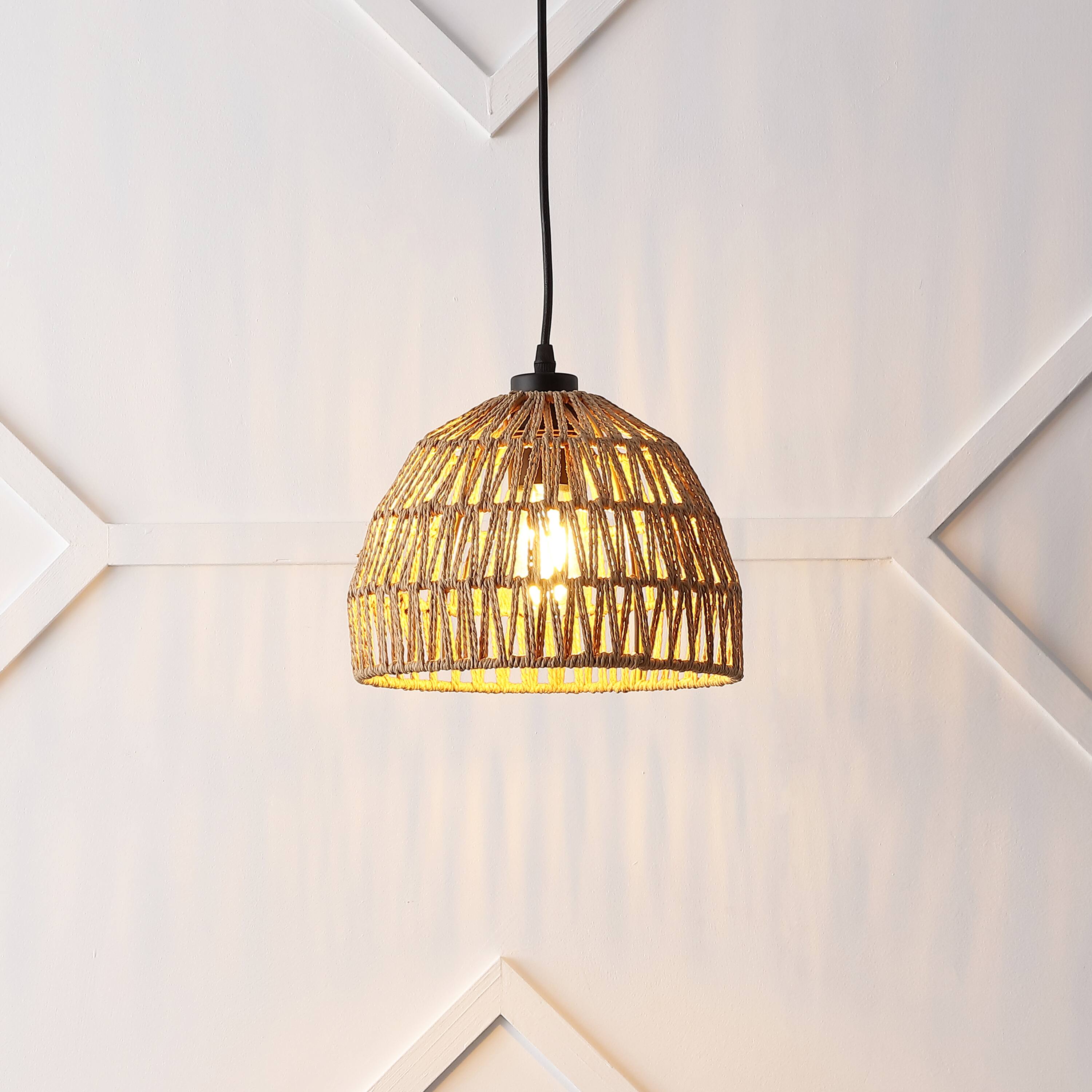 Alt View 1. Jonathan Y - Campana 10.25" 1-Light Bohemian Modern Woven Rope/Iron LED Pendant, Brown - Brown.
