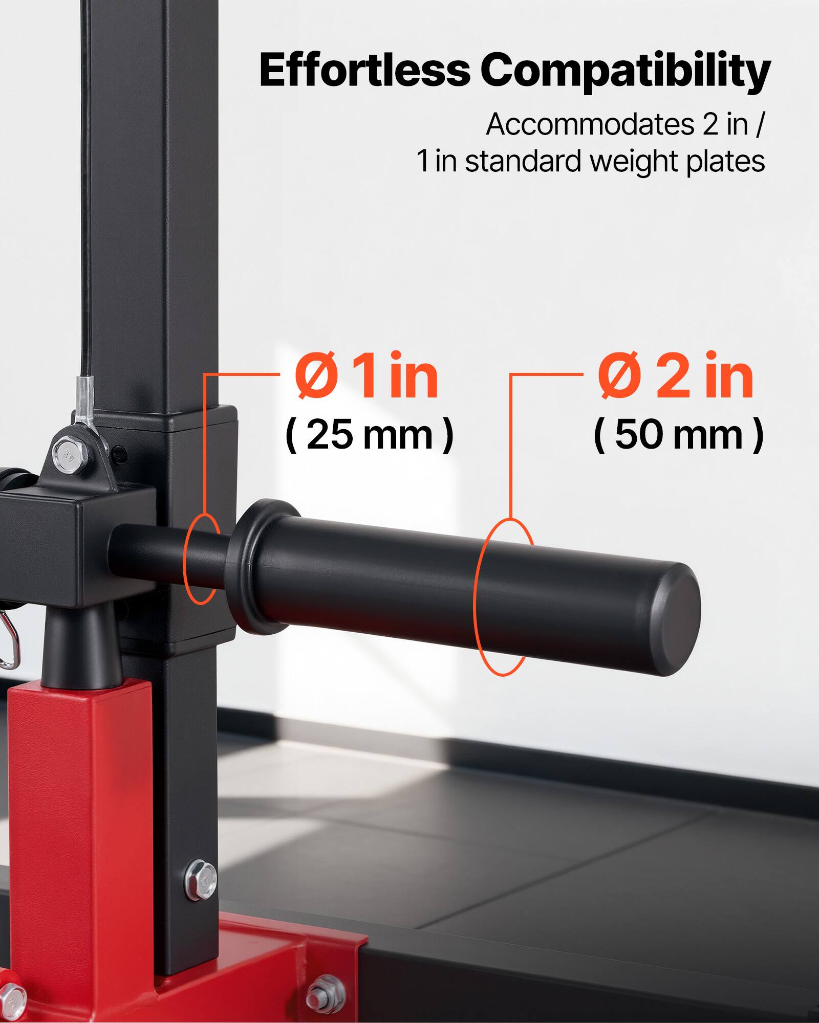Effortless Compatibility  
Accommodates 2 in / 1 in standard weight plates  

Ø 1 in (25 mm)  
Ø 2 in (50 mm)