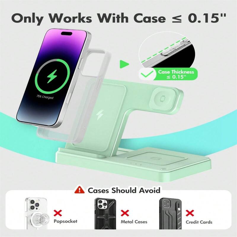 Only Works With Case ≤ 0.15"  
Case Thickness ≤ 0.15"  
75% Charged  

Cases Should Avoid  
Popsocket  
Metal Cases  
Credit Cards