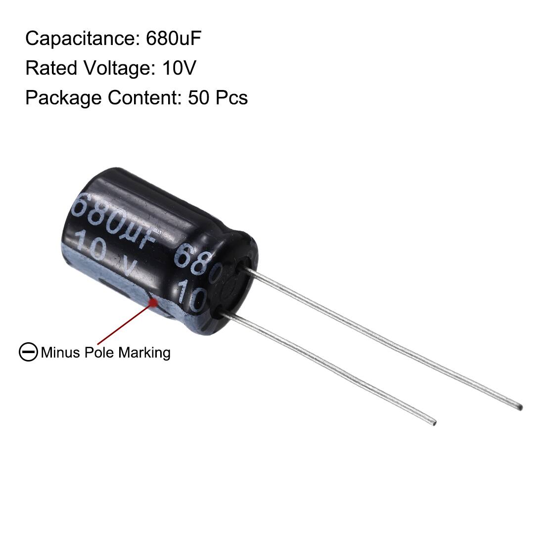Capacitance: 680uF  
Rated Voltage: 10V  
Package Content: 50 Pcs  

Minus Pole Marking
