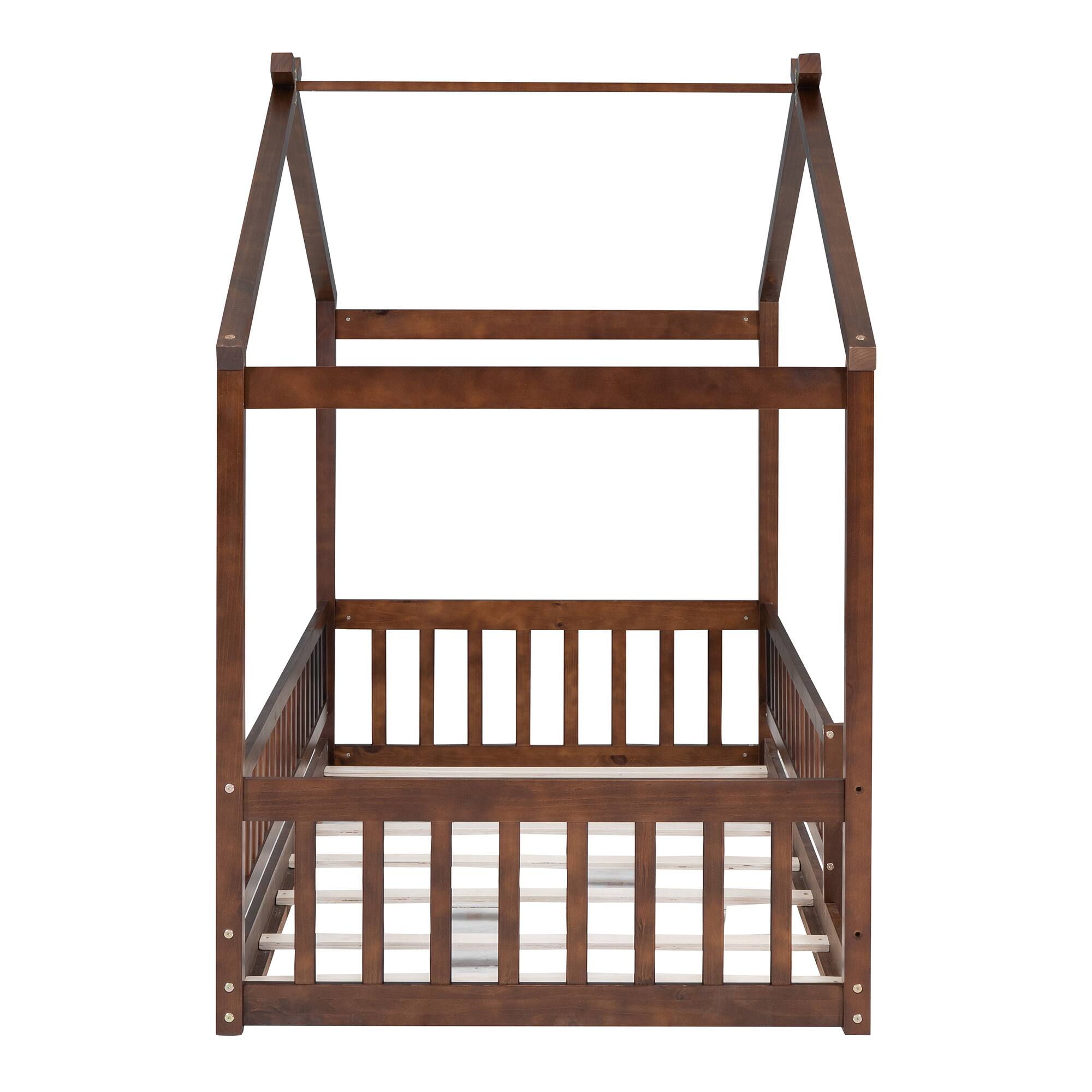 Left. Whisen - Twin Size Wood House Bed Frame with Fence for Kids and Teens - Walnut.