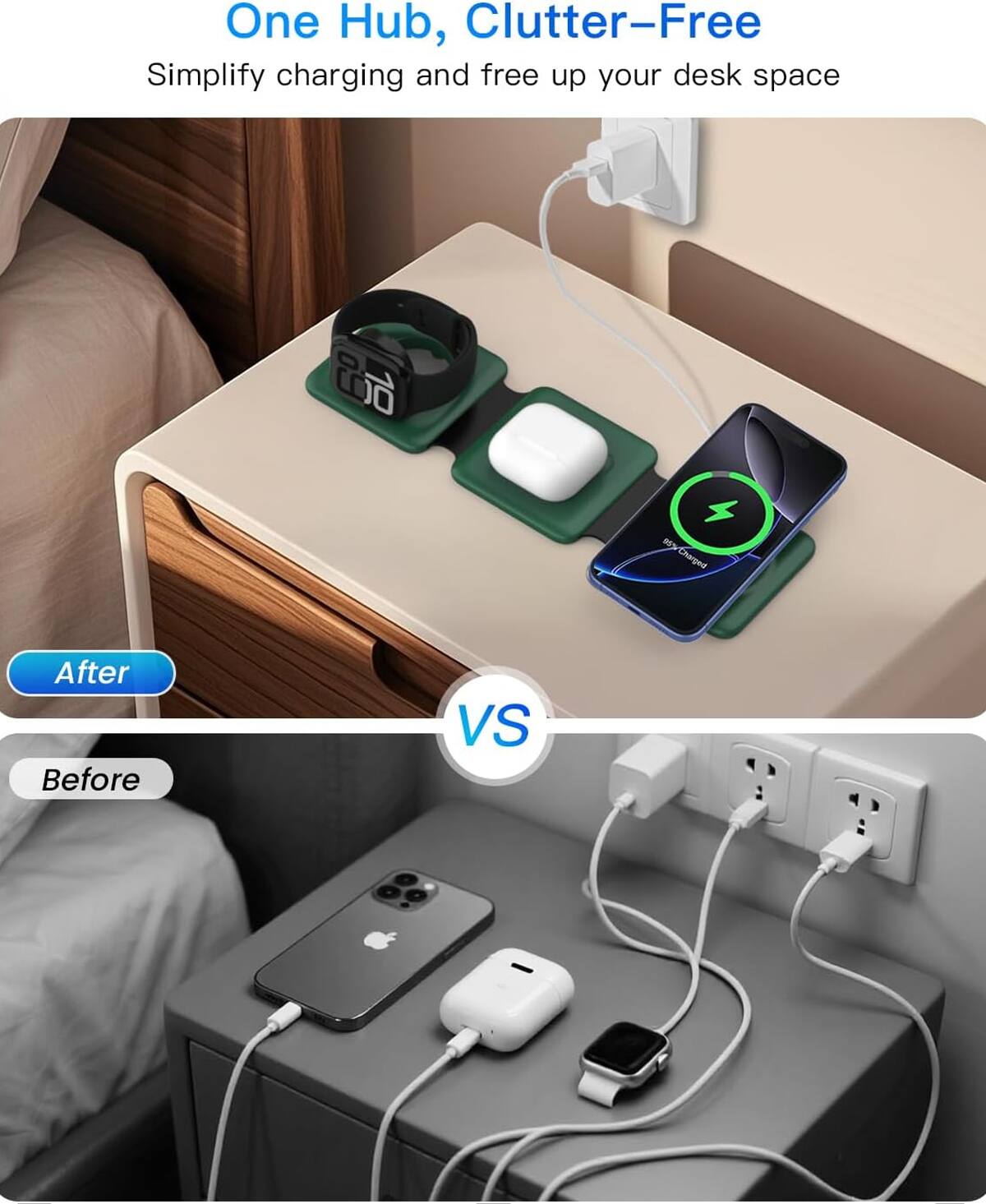 One Hub, Clutter-Free  
Simplify charging and free up your desk space  

After  
VS  
Before