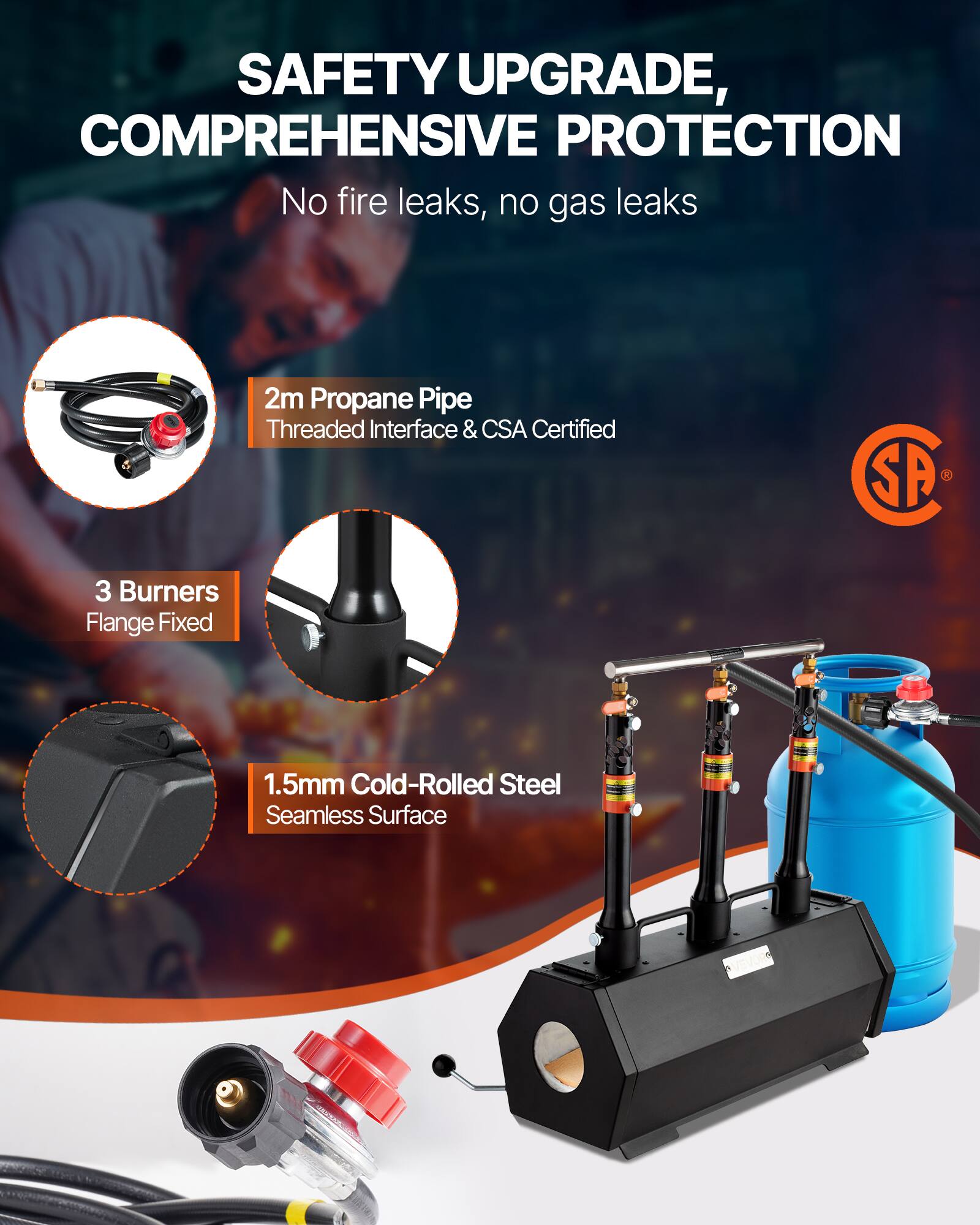 SAFETY UPGRADE, COMPREHENSIVE PROTECTION  
No fire leaks, no gas leaks  

2m Propane Pipe Threaded Interface & CSA Certified  

3 Burners Flange Fixed  

1.5mm Cold-Rolled Steel Seamless Surface