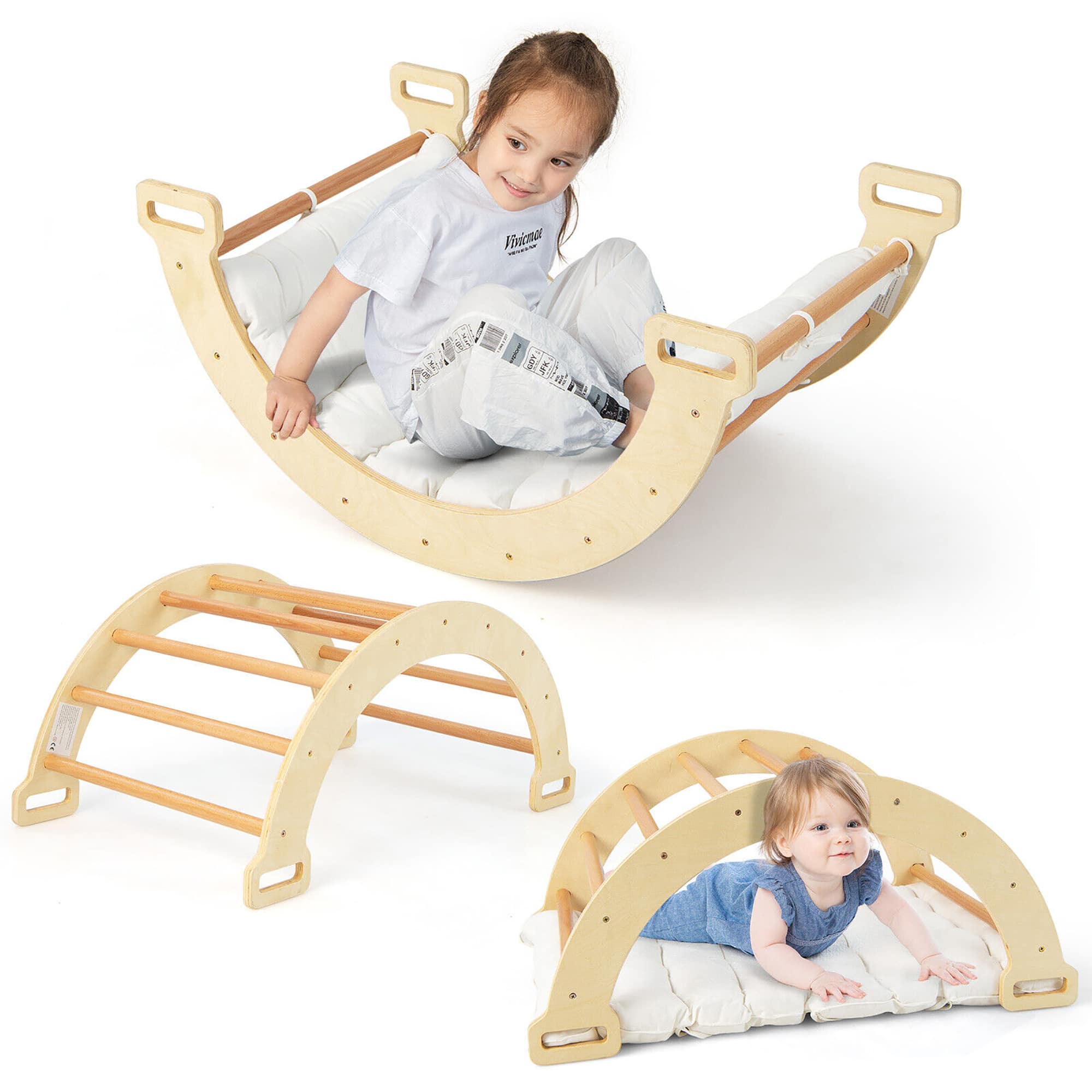 Gymax - 2-in-1 Arch Rocker with Soft Cushion Double-Sided Climbing Arch for Toddlers - Natural