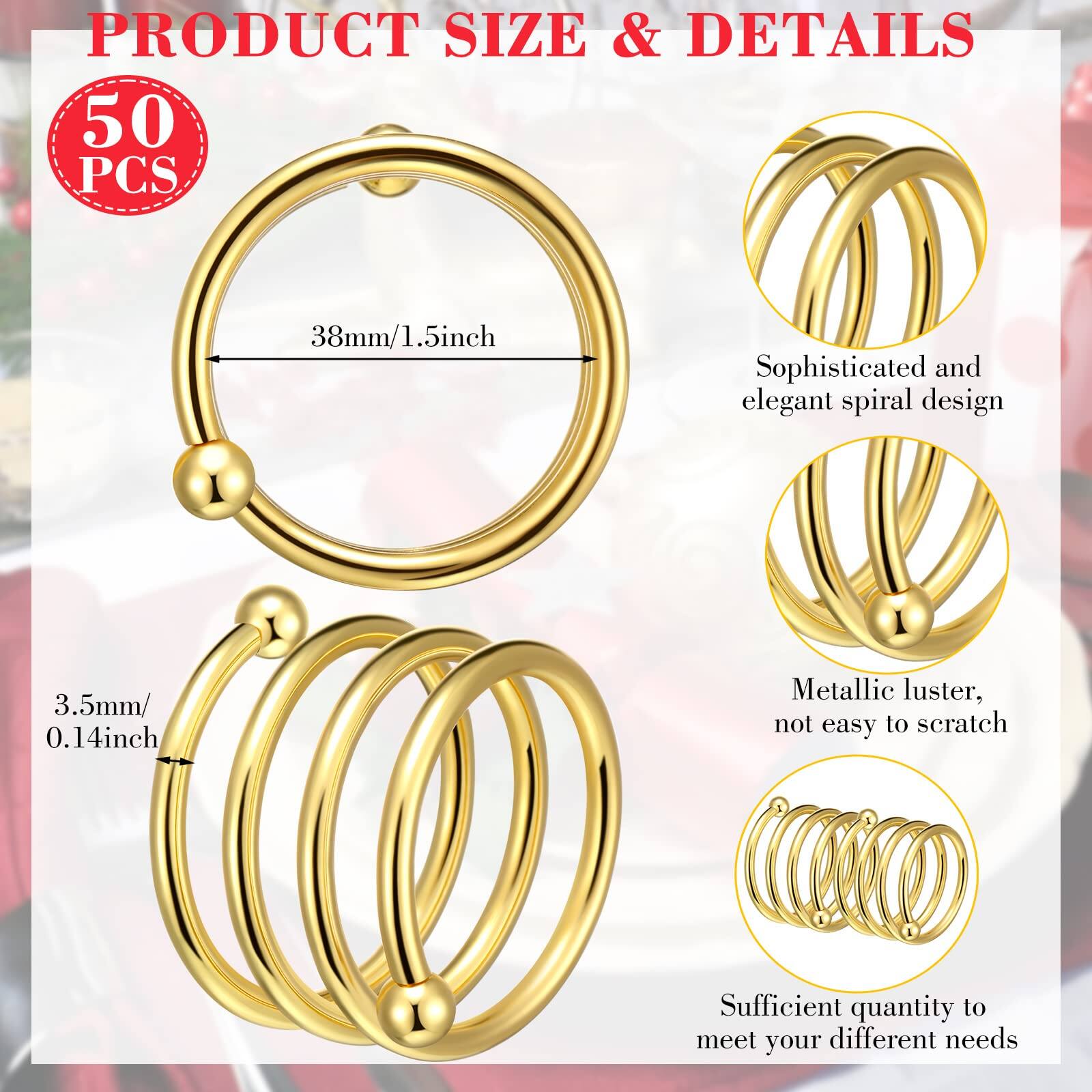 PRODUCT SIZE & DETAILS

50 PCS

38mm/1.5inch

Sophisticated and elegant spiral design

3.5mm/0.14inch

Metallic luster, not easy to scratch

Sufficient quantity to meet your different needs