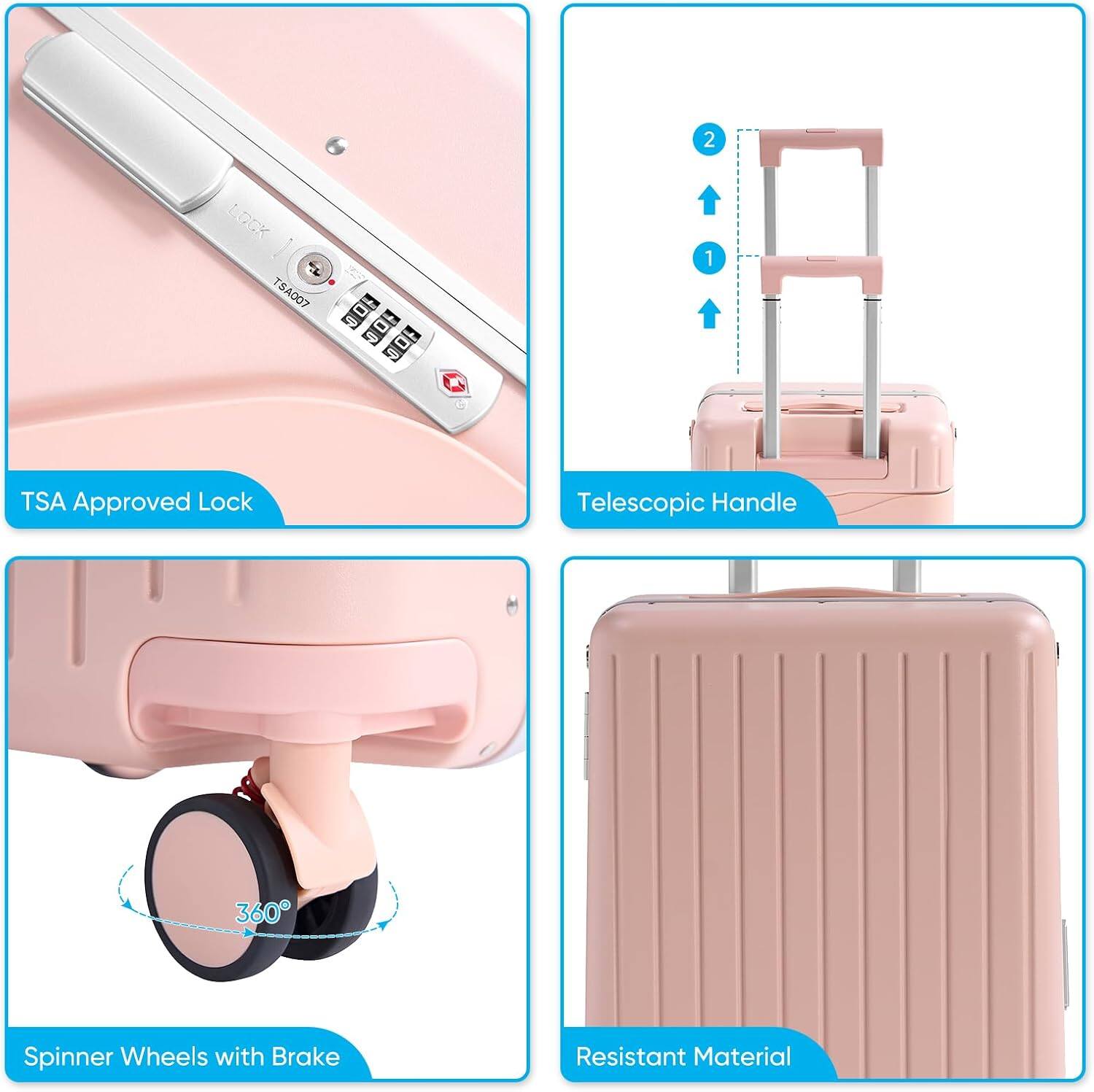 - TSA Approved Lock
- Telescopic Handle
- Spinner Wheels with Brake
- Resistant Material