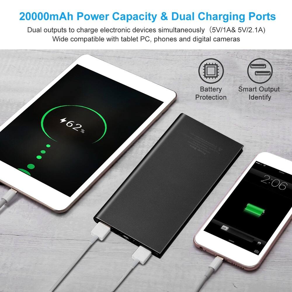 20000mAh Power Capacity & Dual Charging Ports  
Dual outputs to charge electronic devices simultaneously (5V/1A & 5V/2.1A)  
Wide compatible with tablet PC, phones and digital cameras  

Battery Smart Output Protection Identify  

62%  
2:06