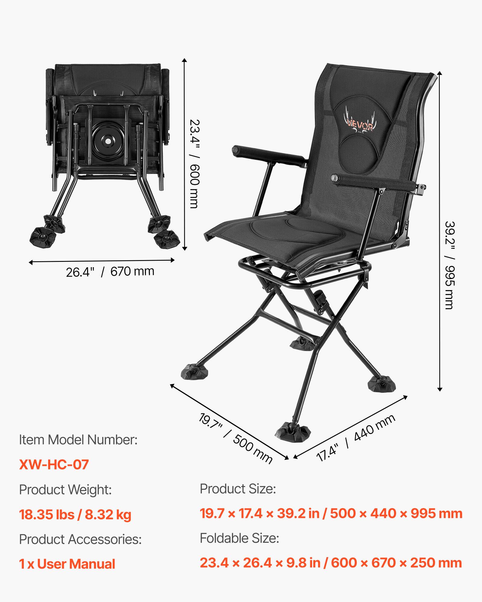 26.4" / 670 mm  
23.4" / 600 mm  
39.2" / 995 mm  
Item Model Number: XW-HC-07  
19.7" | 500 mm  
mm I 440 17.4"  
Product Weight: 18.35 lbs / 8.32 kg  
Product Accessories:  
1 X User Manual  
Product Size: 19.7 x 17.4 x 39.2 in / 500 x 440 x 995 mm  
Foldable Size: 23.4 x 26.4 x 9.8 in / 600 x 670 x 250 mm