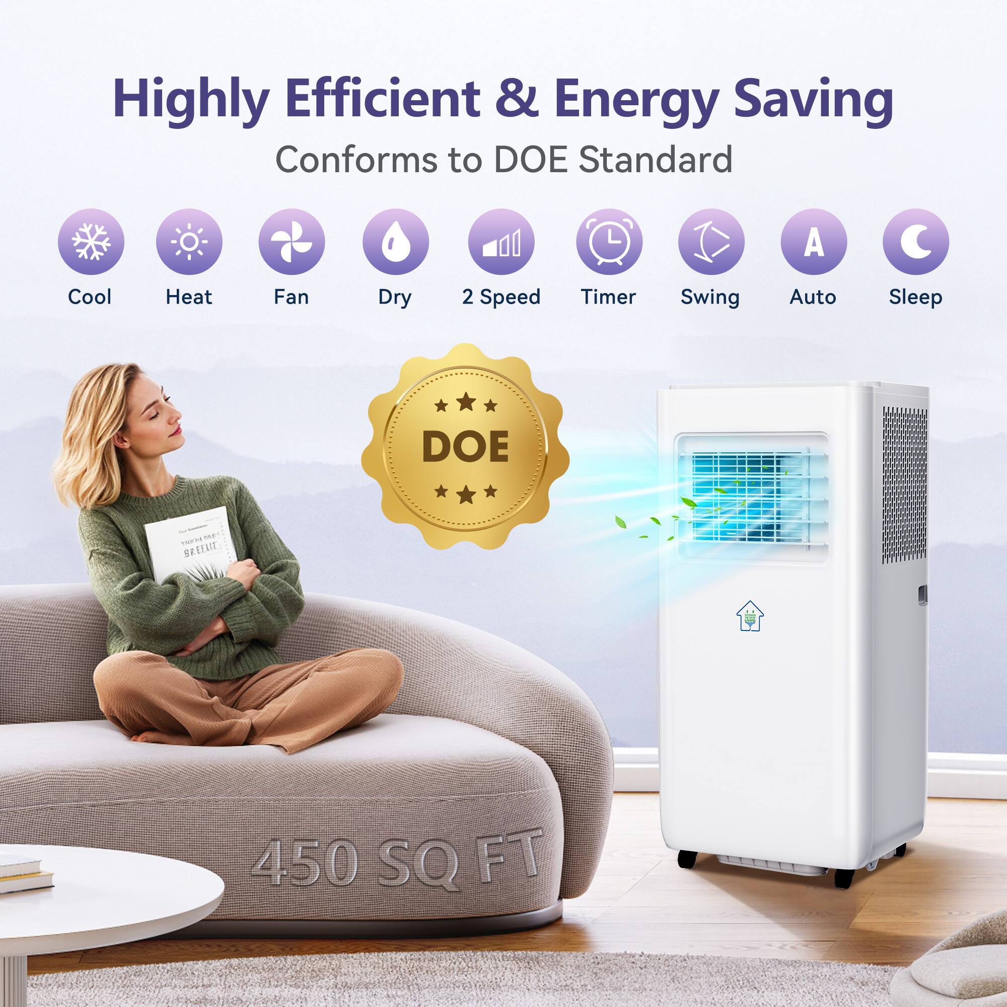 Highly Efficient & Energy Saving  
Conforms to DOE Standard  

Cool  
Heat  
Fan  
Dry  
2 Speed  
Timer  
Swing  
Auto  
Sleep  

DOE  

BREFAIT  

450 SQ FT