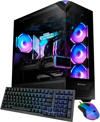 The image features a computer setup with a keyboard and mouse placed in front of a computer tower. The computer tower has a purple and blue lighting system, giving it a unique and colorful appearance. The keyboard is positioned in front of the tower, with the mouse placed next to it. The overall scene showcases a well-equipped computer setup, ready for use.