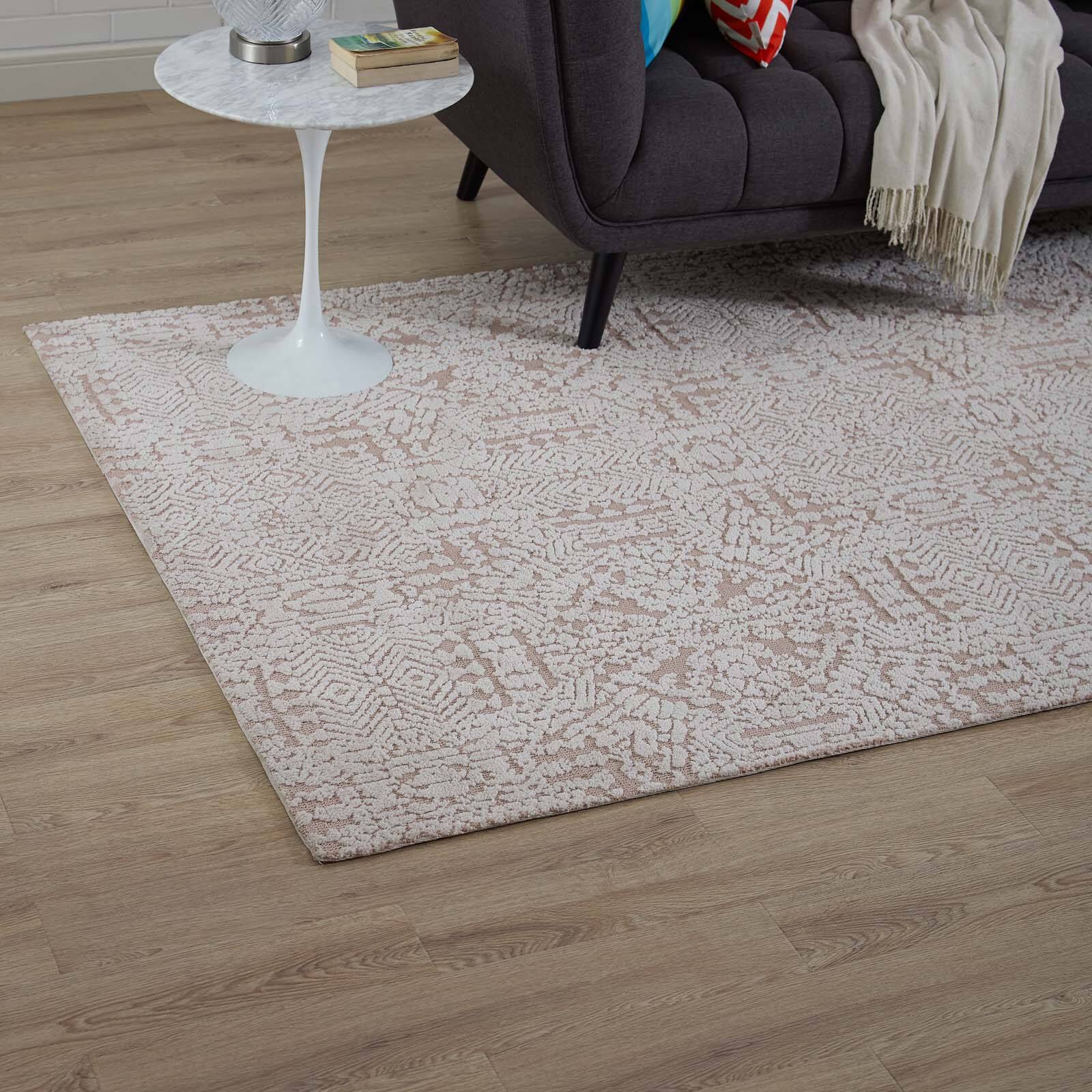 Left. Modway - Javiera Contemporary Moroccan Area Rug - Ivory and Cameo Rose.
