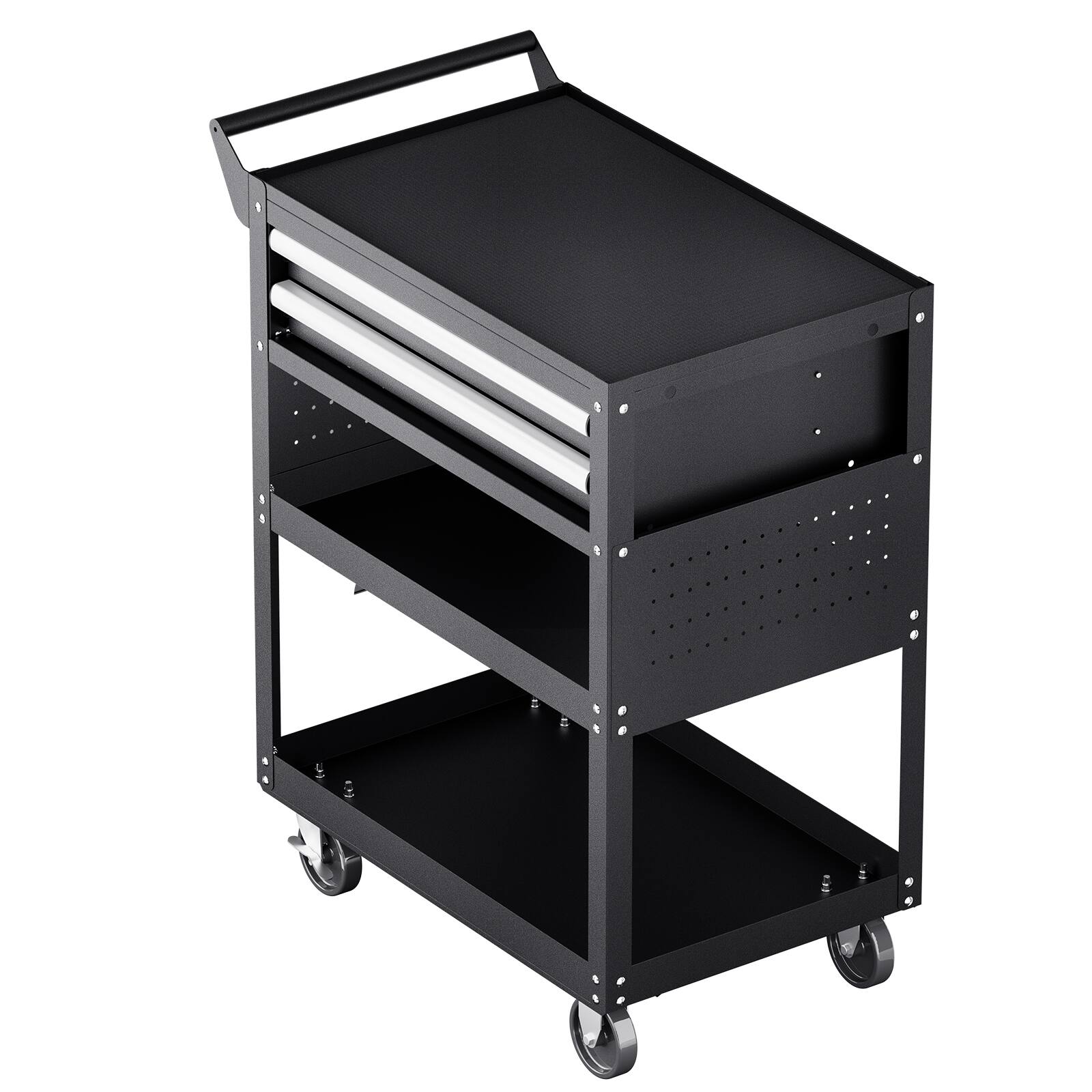 Alt View 5. VEVOR - 5-Tier Tool Cart with Wheels, 400 lbs Load Capacity, Rolling Work Cart with 2 Drawers & Pegboard - Black.
