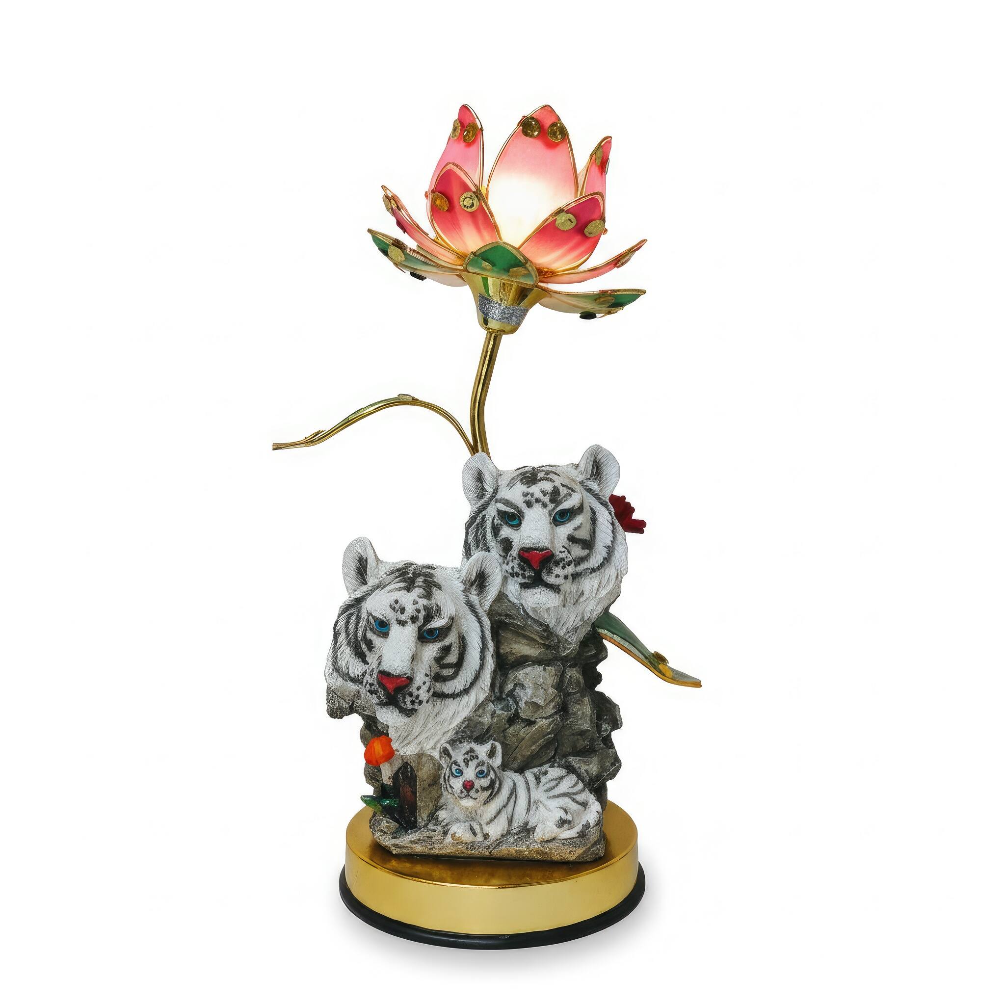 Angle. FC Design - 15"H Pink Vintage Style Lotus Flower with two Tiger Figurine Touch Lamp.