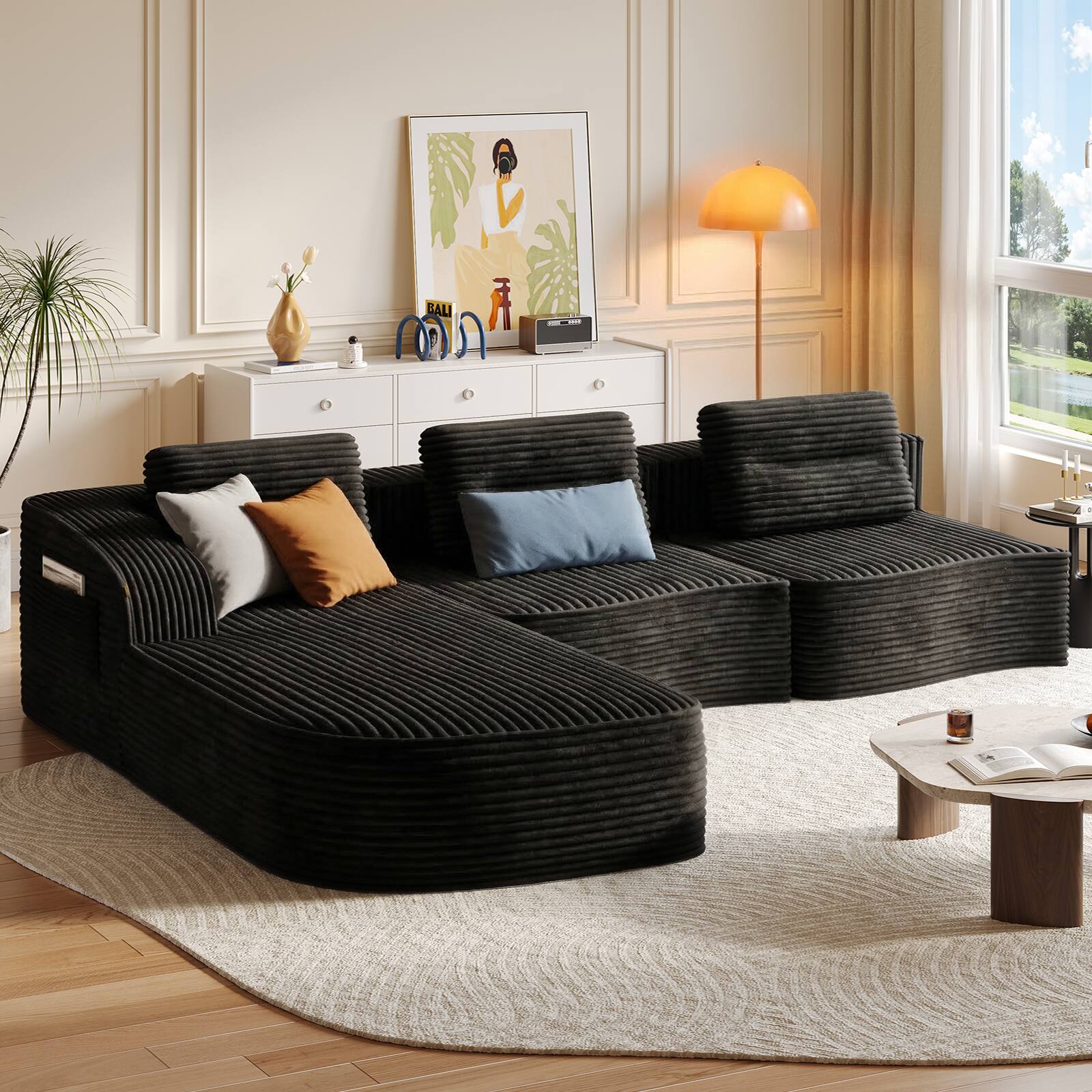 Angle. Pinmoco - PINMOCO Modular Sectional Sofa, Sleeper Sofa Bed with 3 Pillows, Boneless Couch with Side Pockets - Left Chaise Black.