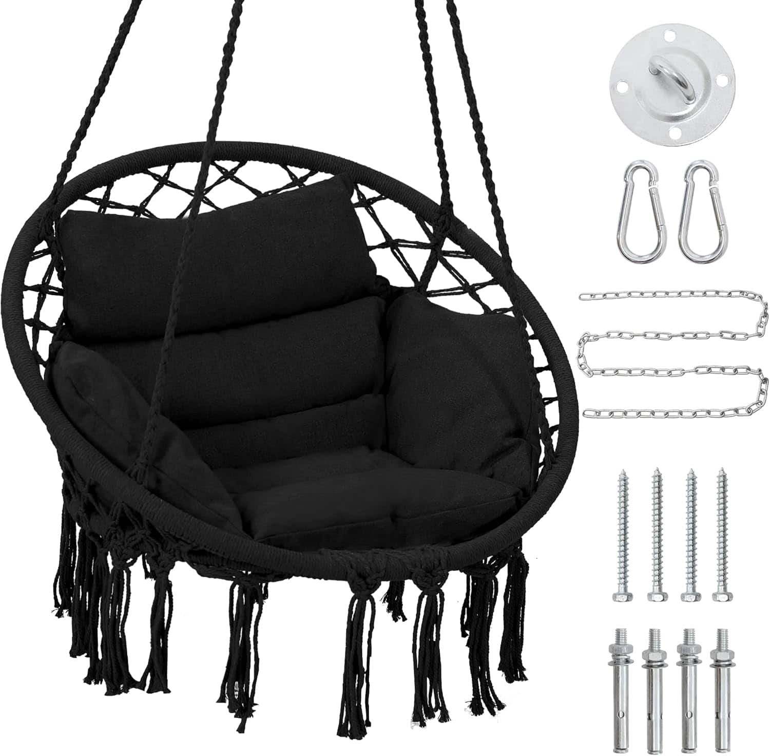 FINEAK - Elegant Macrame Hammock Swing Chair for Indoor & Outdoor Serenity - Black