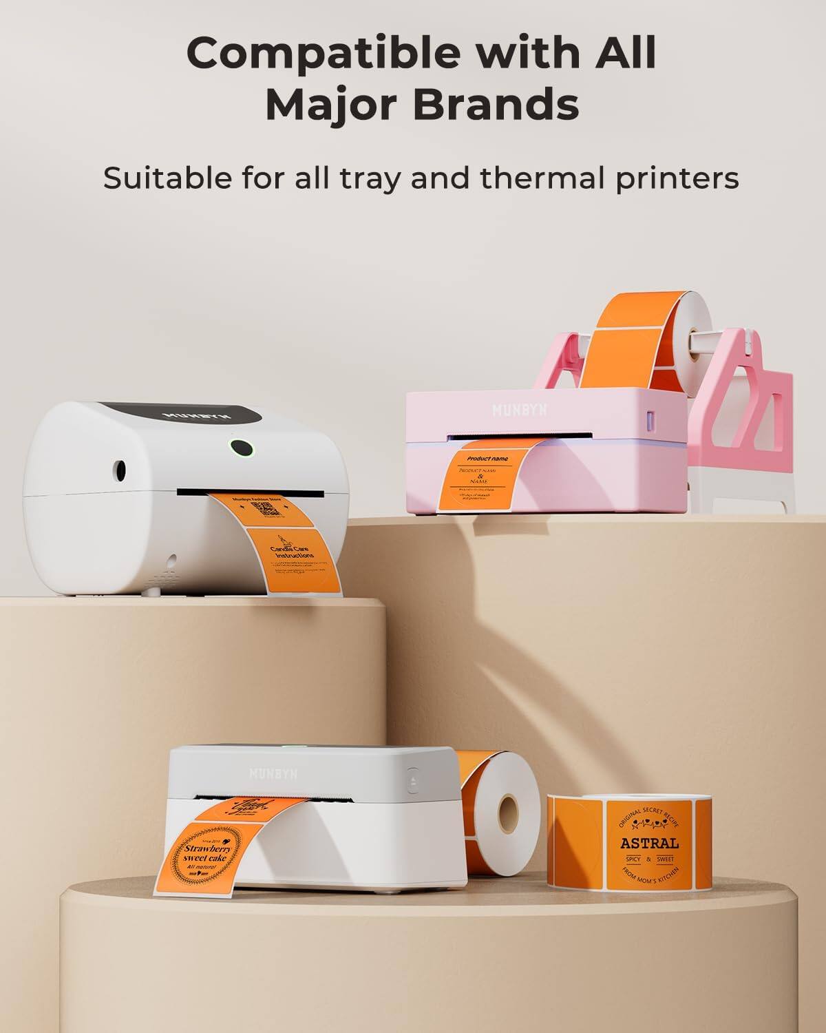 Compatible with All Major Brands  
Suitable for all tray and thermal printers  

MUNBYN  
Strawberry sweet cake  

MUNBYN  
Product name  

ASTRAL  
Sour & Sweet  
From Mous' Kitchen