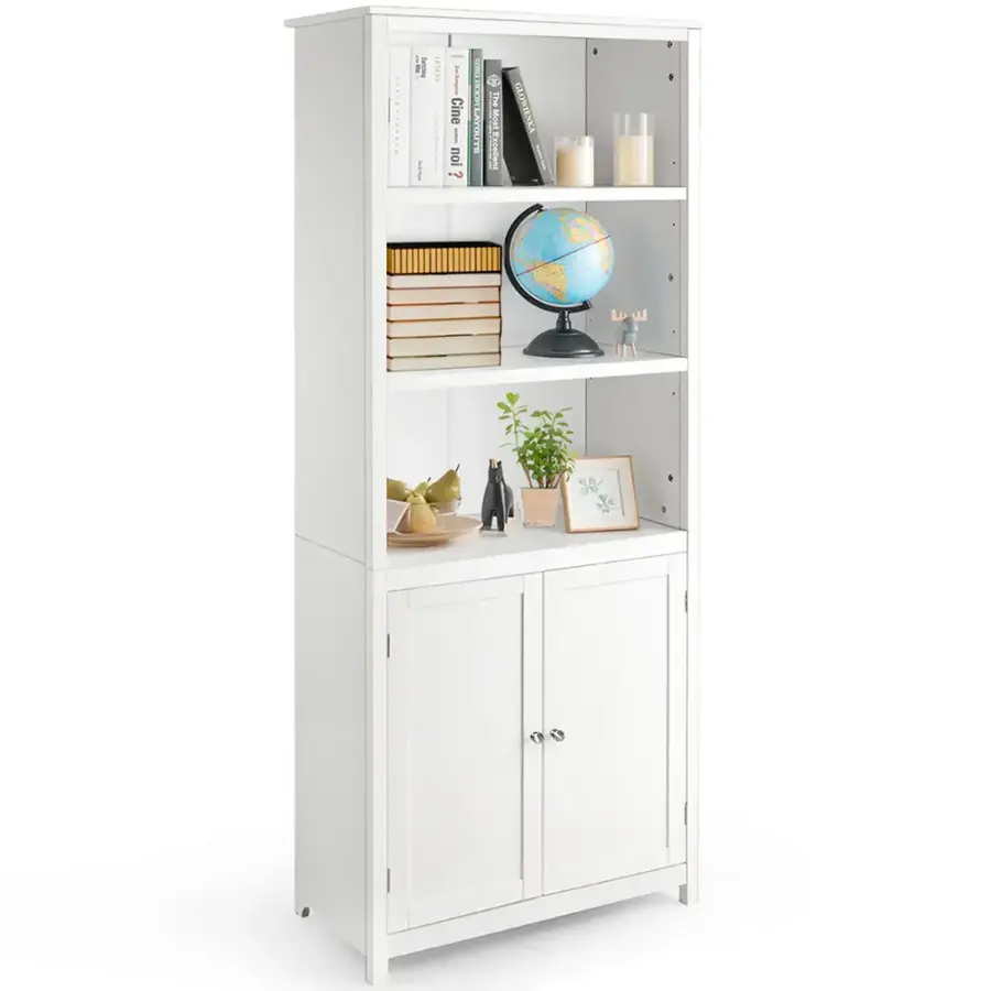 The image features a white bookshelf with various items on it. There are several books of different sizes placed on the shelves, as well as a globe and a small potted plant. Additionally, there are two candles and a vase on the shelf. The bookshelf is a part of a room with a white background, and it appears to be a functional and decorative piece of furniture.