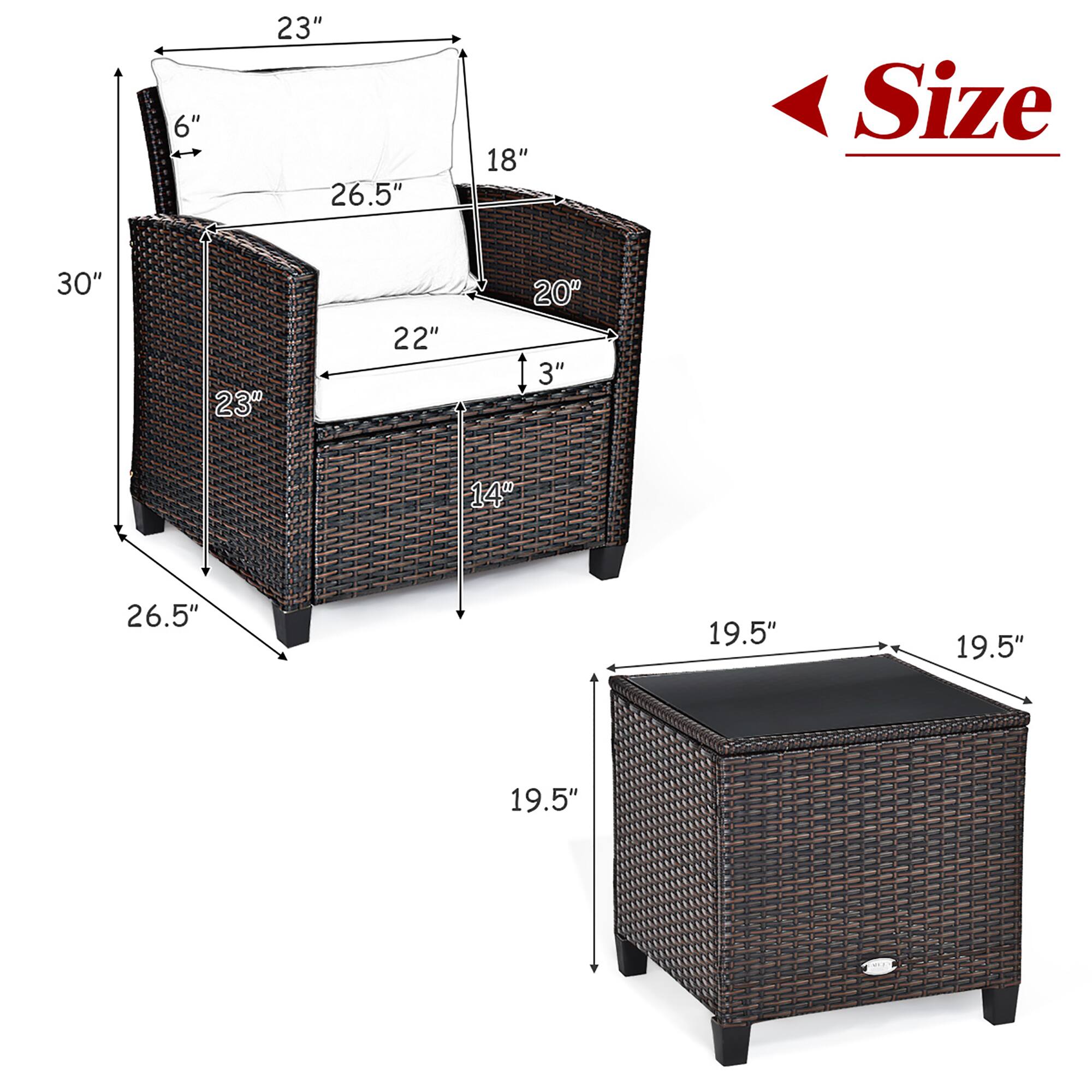 The text on the image reads: "6" 23" 26.5" 18" Size 30" 23" 22" 20" 13" 3" 14" 26.5" 19.5" 19.5" 19.5"". This text is describing the dimensions of a chair and a bench, with the measurements in inches. The chair has a height of 23 inches, and the bench has a height of 19.5 inches.