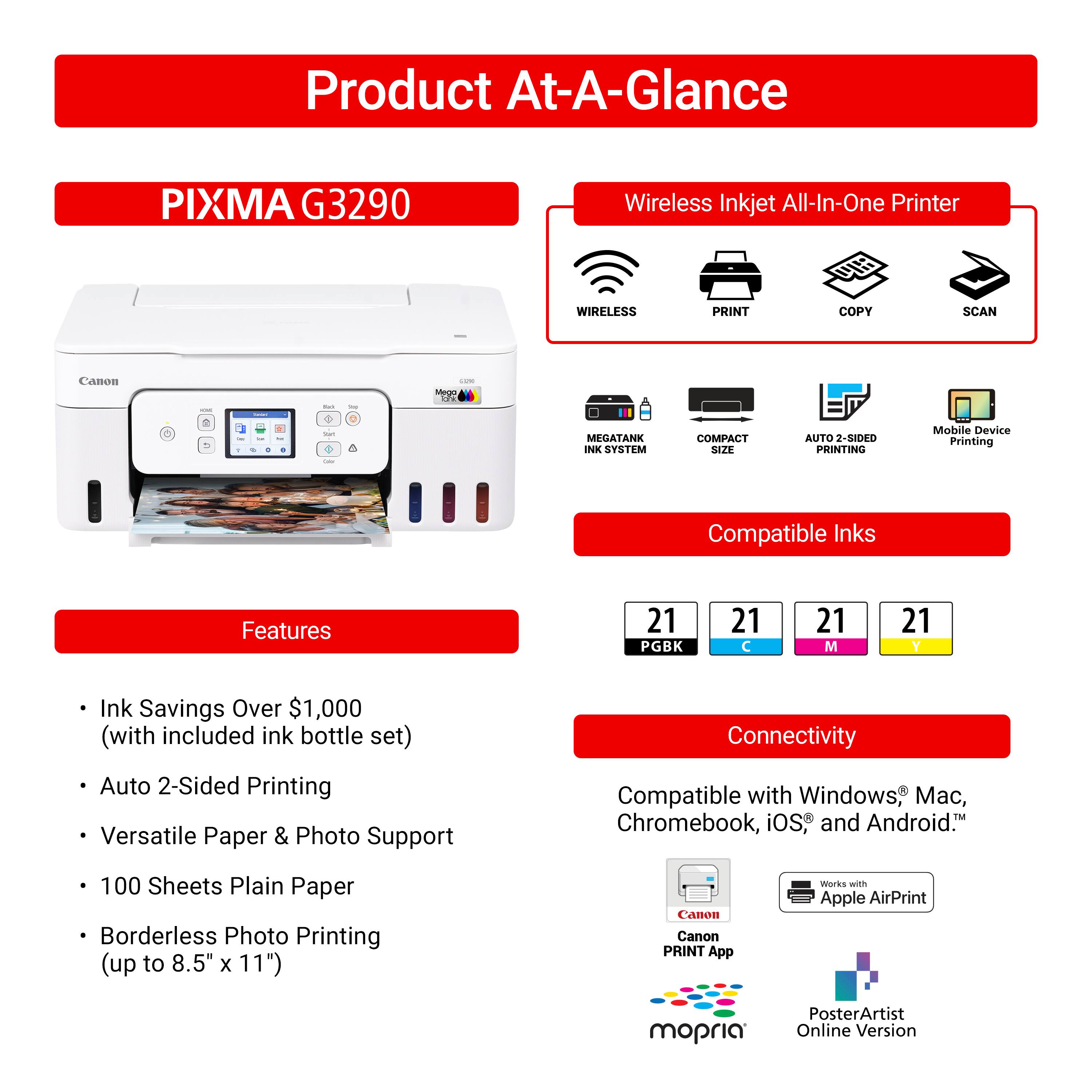 Product At-A-Glance PIXMA G3290 Wireless Inkjet All-In-One Printer

Features:

* Wireless Print, Copy, Scan
* Camon i - - . : + - MEGATANK NK SYSTEM COMPACT SIZE AUTO 2-SIDED PRINTING
* Mobile Device Printing
* Compatible Inks
* 21 PGBK 21 C 21 M 21 Y Ink Savings Over $1,000 (with included ink bottle set)
* Connectivity
* Auto 2-Sided Printing
* Versatile Paper & Photo Support
* Compatible with Windows, Mac, Chromebook, iOS, and Android.
* 100 Sheets Plain Paper
* Borderless Photo Printing (up to 8.5" x 11")
* Canon PRINT App Works WiTh Apple AirPrint mopria PosterArtist Online Version