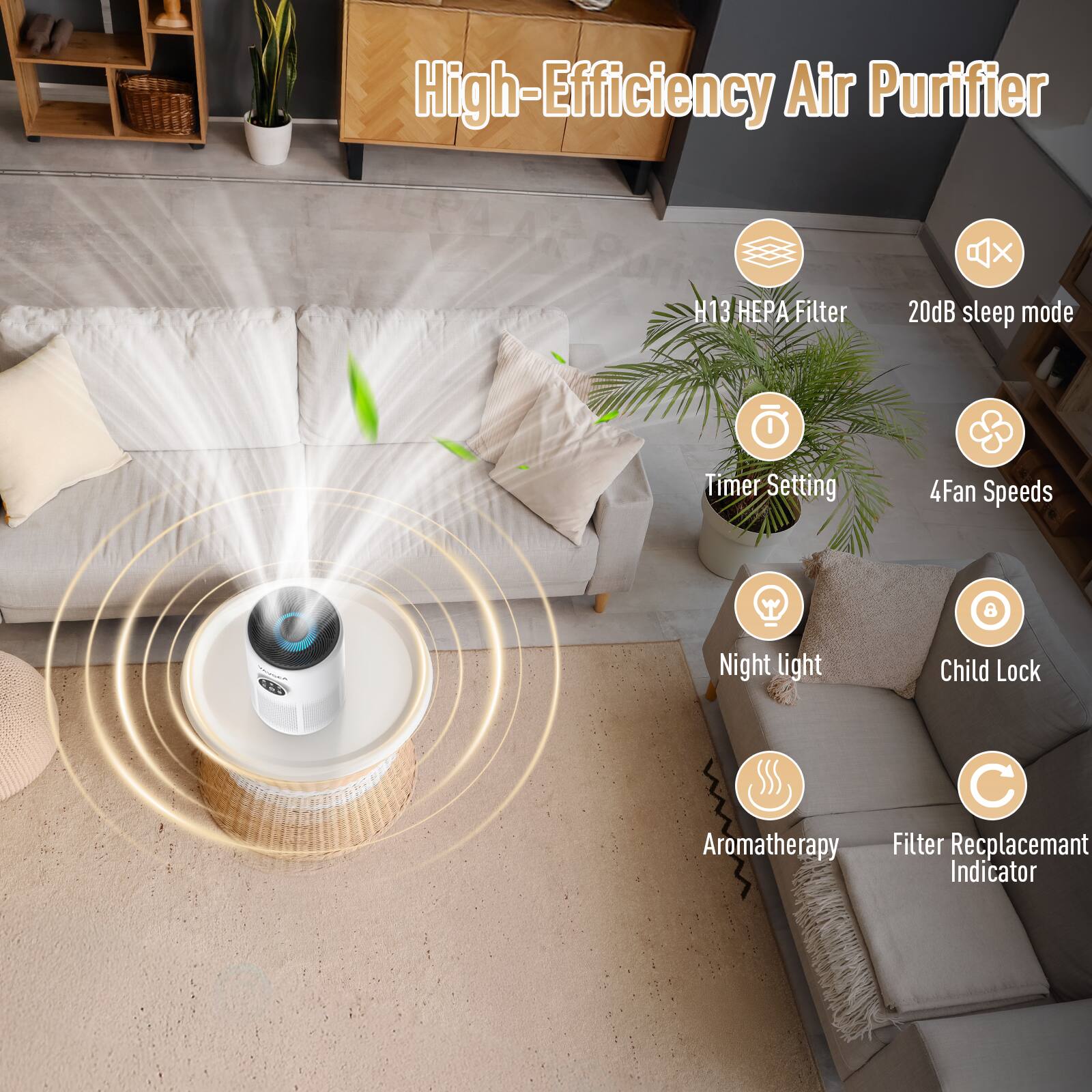 High-Efficiency Air Purifier  
- H13 HEPA Filter  
- 20dB sleep mode  
- Timer Setting  
- 4 Fan Speeds  
- Night light  
- Child Lock  
- Aromatherapy  
- Filter Replacement Indicator