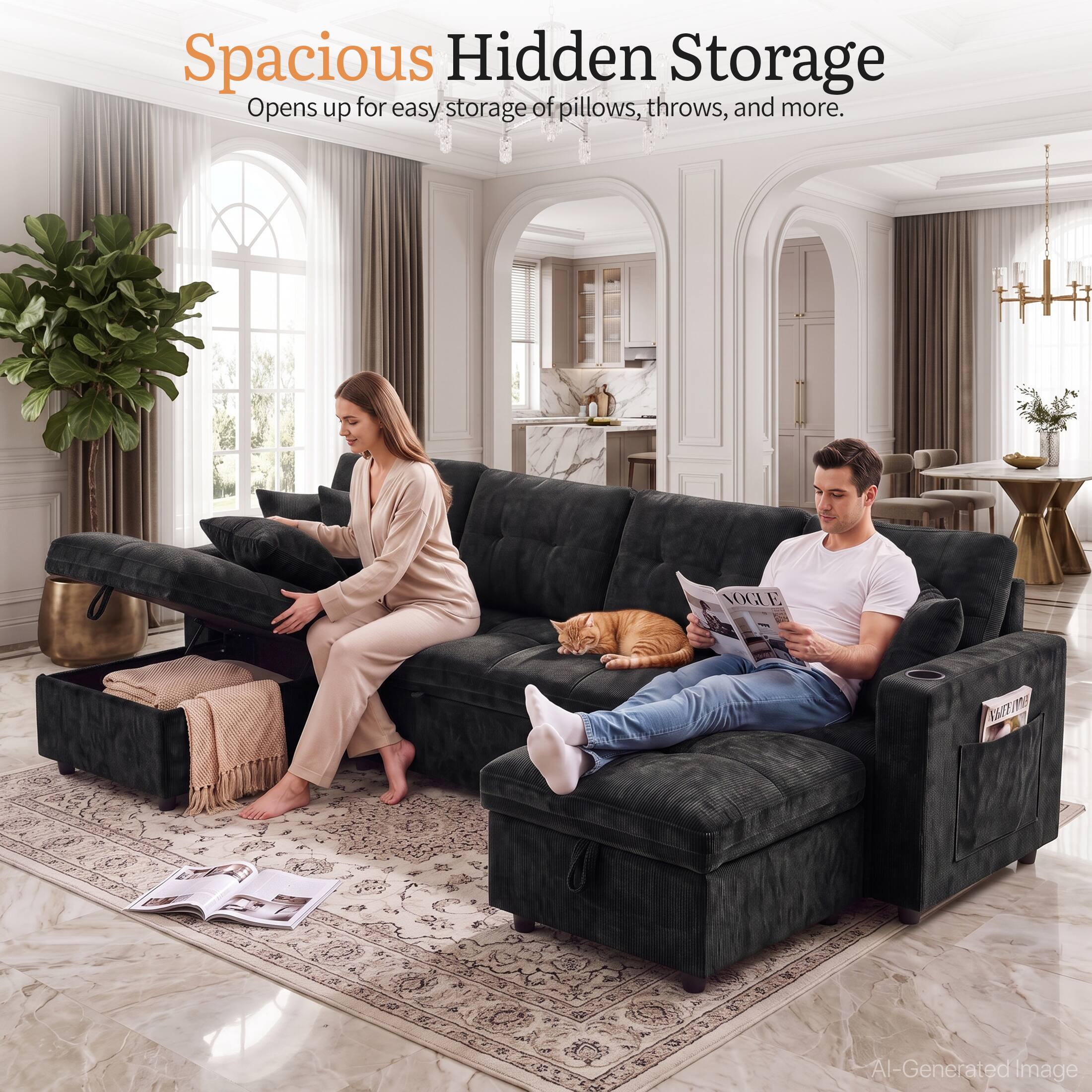 Spacious Hidden Storage  
Opens up for easy storage of pillows, throws, and more.
