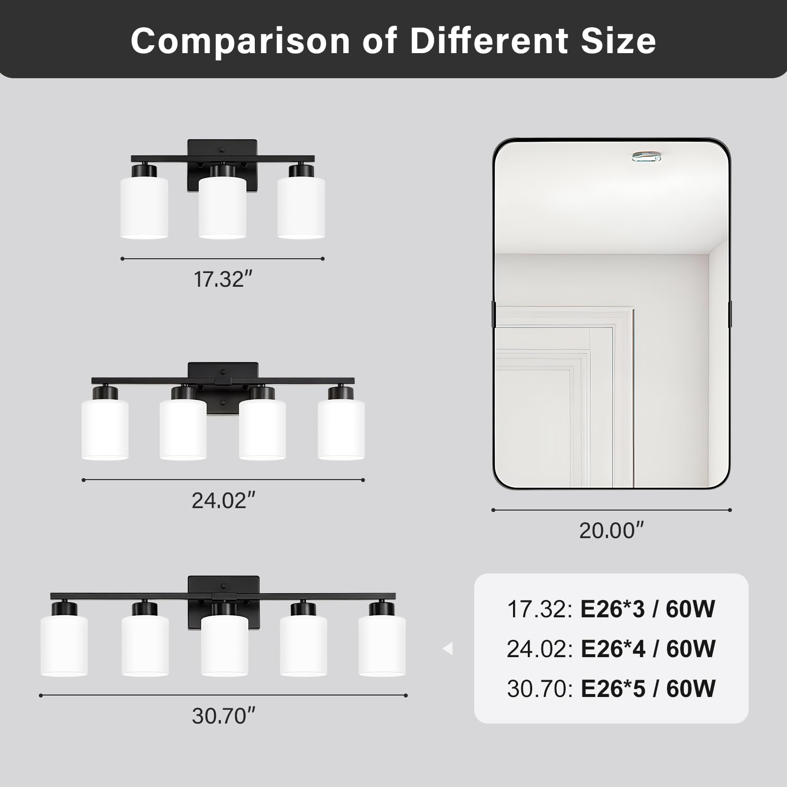 Comparison of Different Size

17.32": E26*3 / 60W  
24.02": E26*4 / 60W  
30.70": E26*5 / 60W
