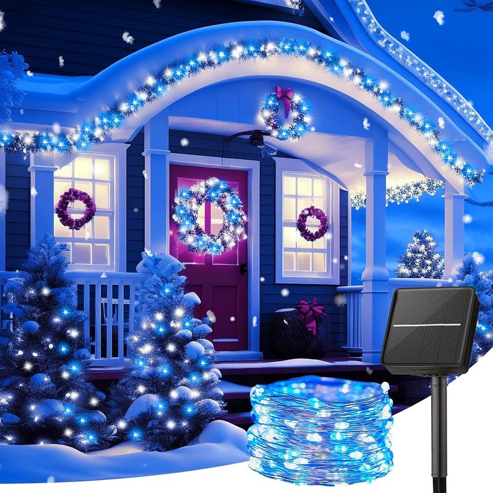 Alt View 1. MOSZAR LLC - Outdoor solar string lights, 33-foot 100-LED solar fairy lights, and 8-mode balcony lights - Blue and White.