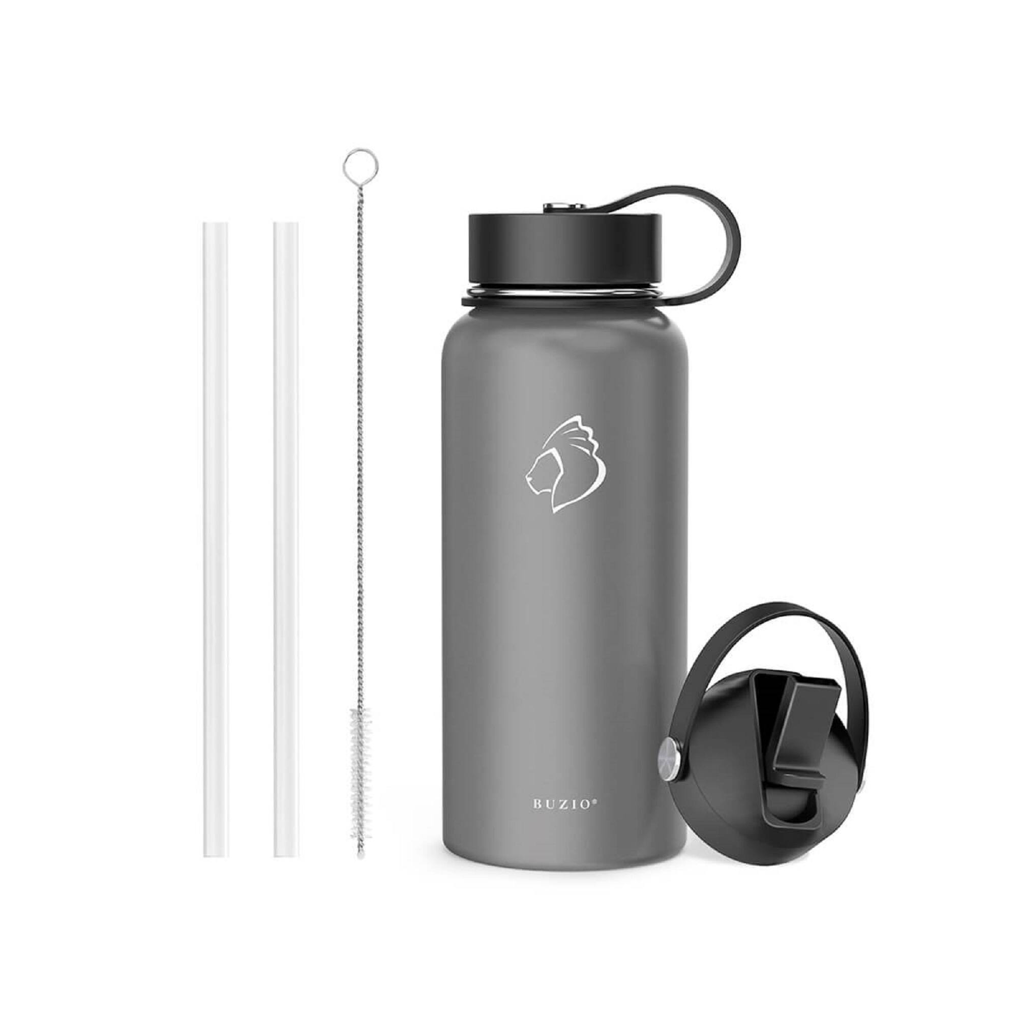 Angle. Buzio - Duet Series Insulated 32 oz Water Bottle with Straw Lid and Flex Lid - Gray.