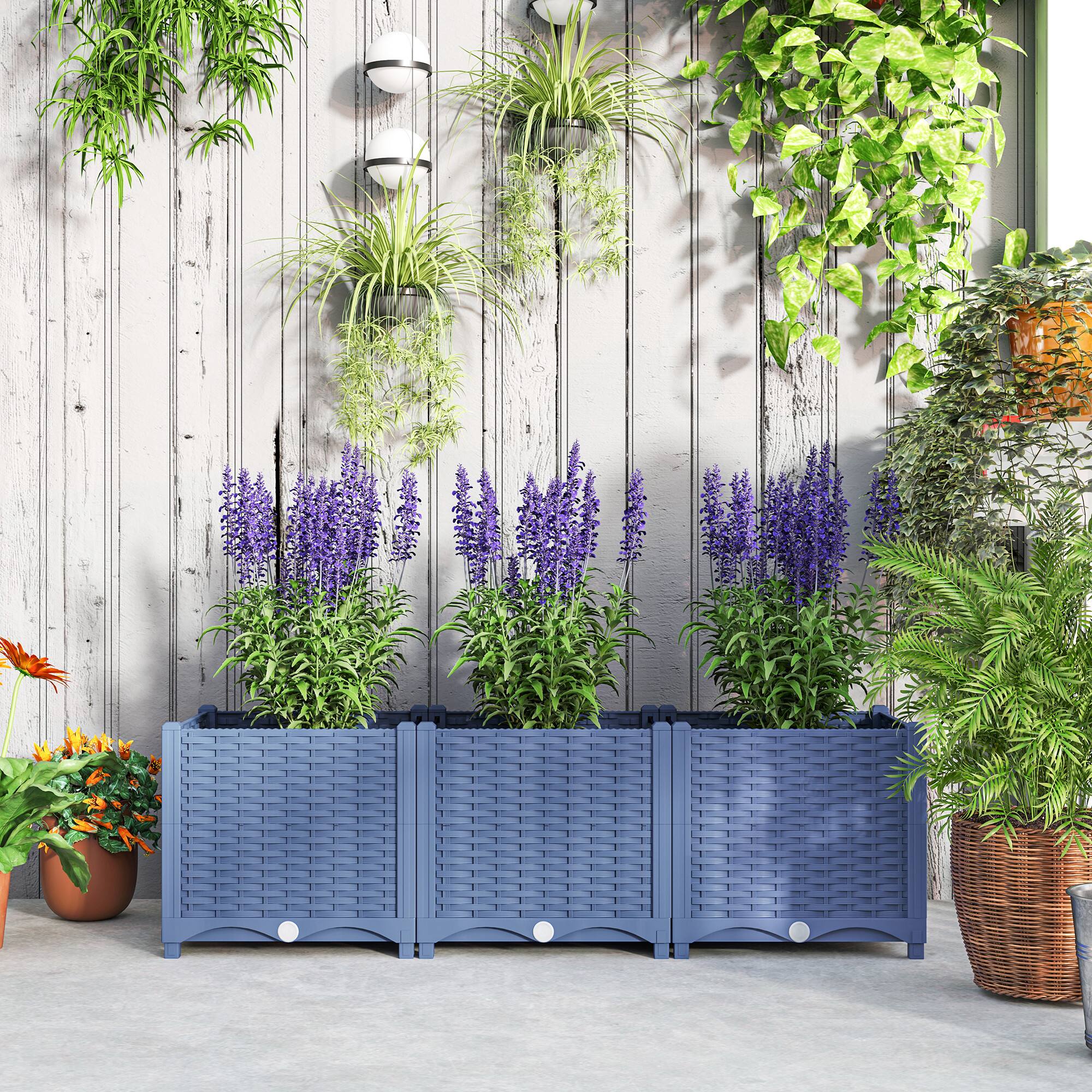 Alt View 7. Outsunny - 4 x 1 x 1 ft Raised Garden Bed, Indoor Outdoor Plastic Planter Box with Drainage Holes, Drain Plugs and Water Reservoirs - Blue.