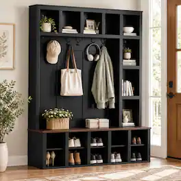 RYHNUYNE - 4-in-1 Hall Tree, 59.0 in Wide, Walnut Bench, Black Finish, 6 Metal Hooks, 13 Compartments, 76.7 in Tall - Black + Dark Walnut