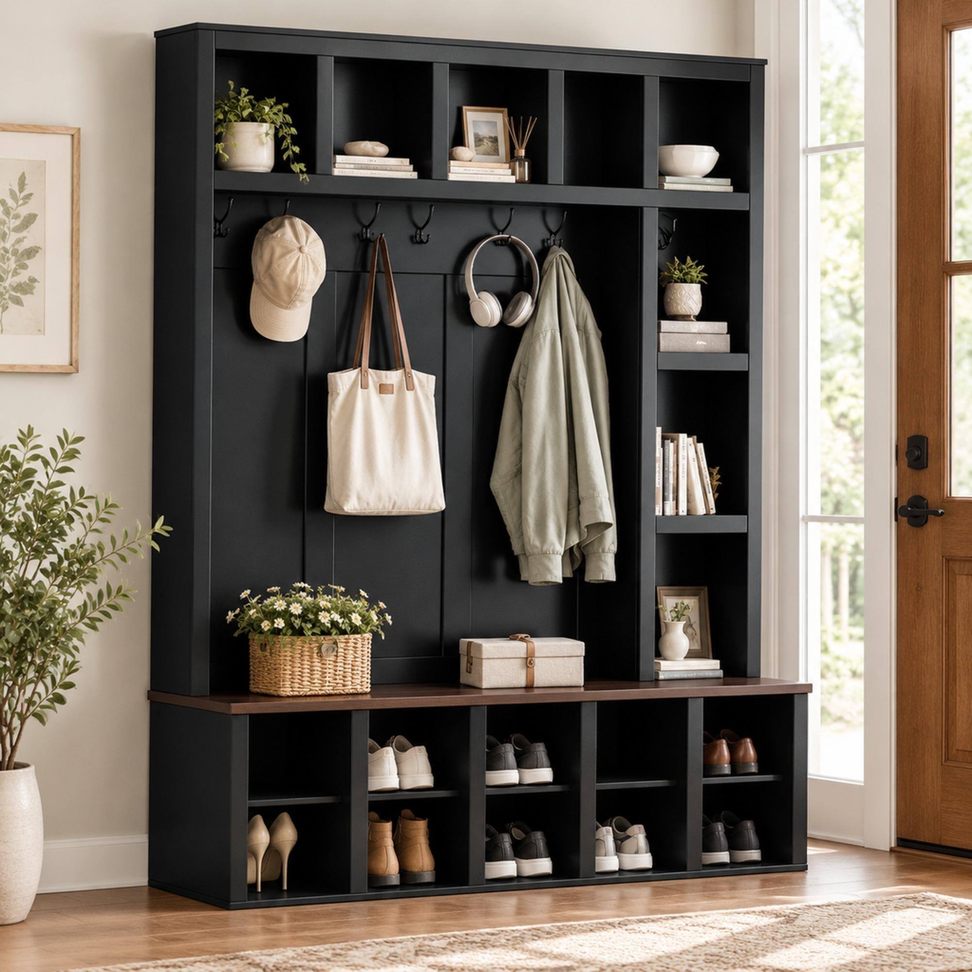 RYHNUYNE 4 in 1 Hall Tree, 59.0 in Wide, Walnut Bench, Black Finish, 6 ...