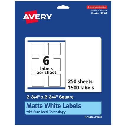Go to avery.com/templates
AVERY
Use Avery™ Template Presta® 94109
6 labels per sheet
250 sheets
1500 labels
2-3/4" x 2-3/4" Square Matte White Labels with Sure Feed Technology for Laser/Inkjet
