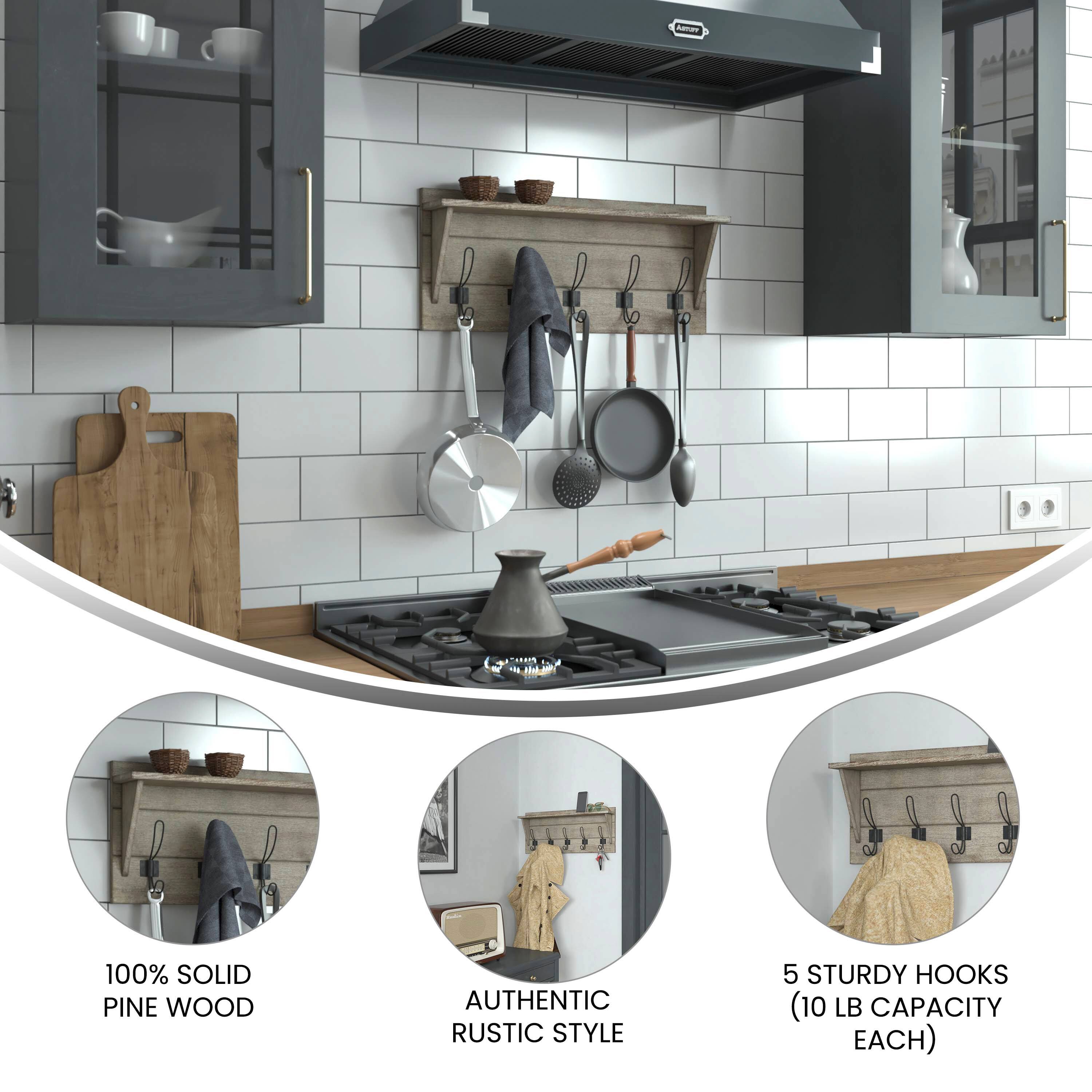 - 100% SOLID PINE WOOD
- AUTHENTIC RUSTIC STYLE
- 5 STURDY HOOKS (10 LB CAPACITY EACH)