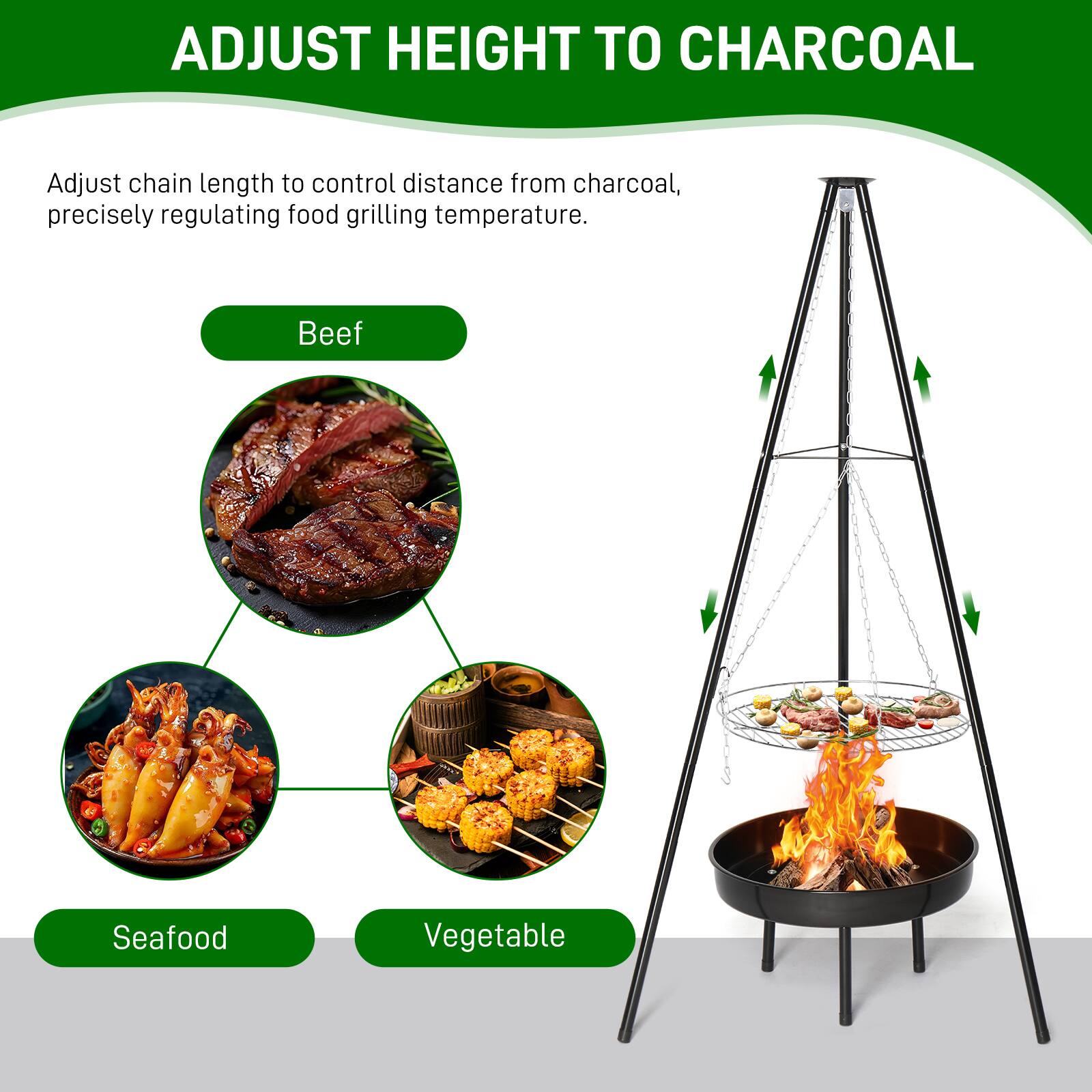 ADJUST HEIGHT TO CHARCOAL

Adjust chain length to control distance from charcoal, precisely regulating food grilling temperature.

Beef

Seafood

Vegetable