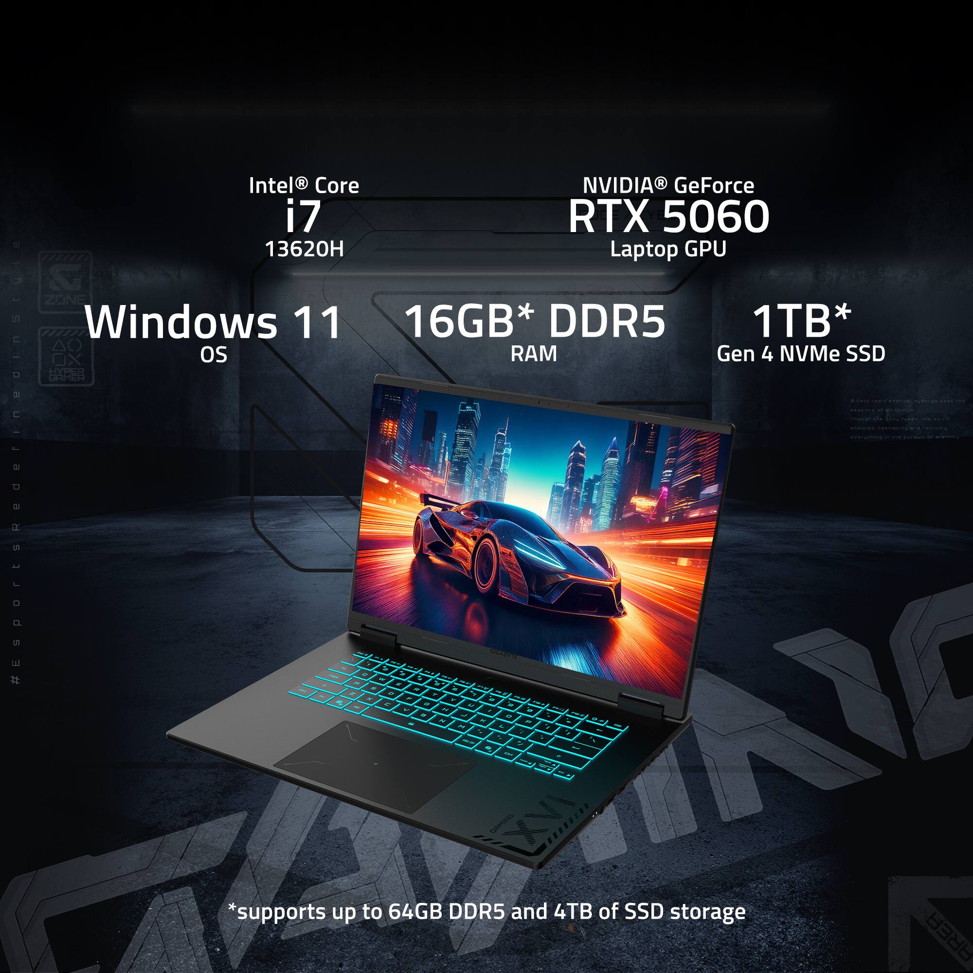 Intel Core i7 13620H  
NVIDIA GeForce RTX 5060 Laptop GPU  
Windows 11 OS  
16GB DDR5 RAM  
1TB Gen 4 NVMe SSD  
*supports up to 64GB DDR5 and 4TB of SSD storage