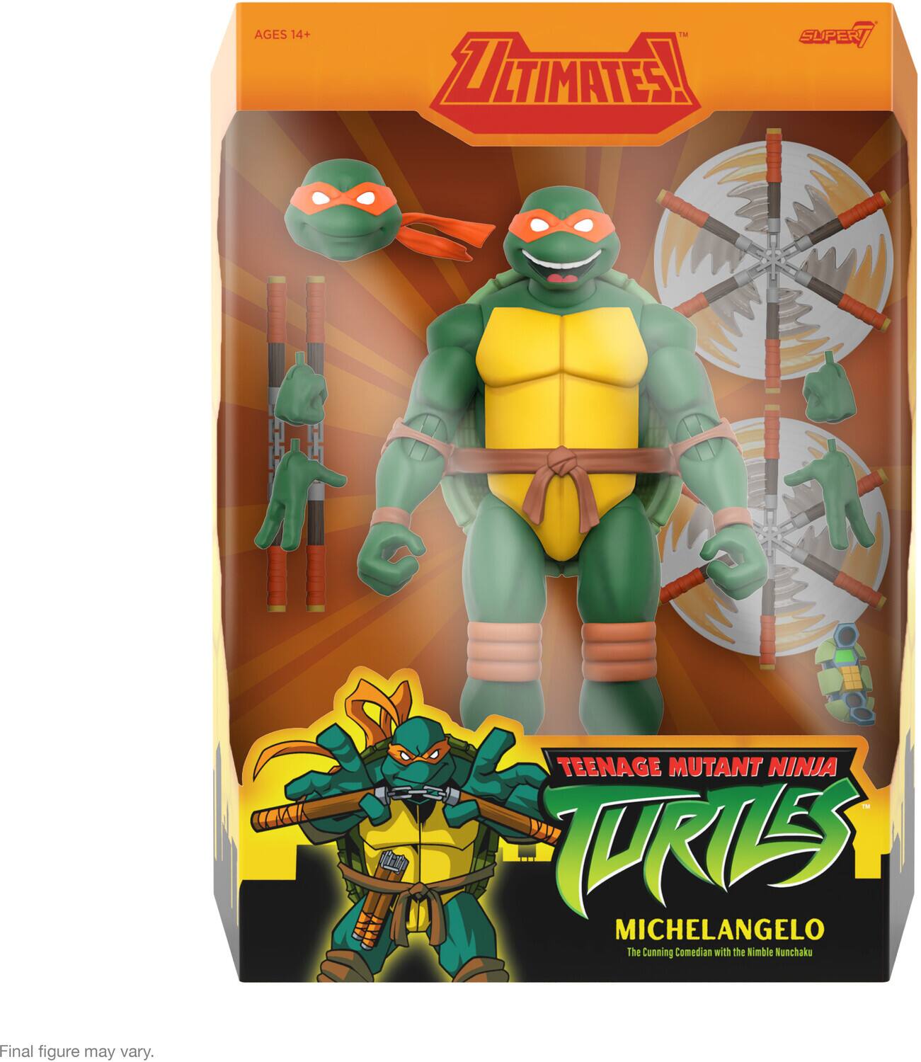 AGES 14+ ULTIMATES! SUPER TEENAGE MUTANT NINJA TURTLES MICHELANGELO The Cunning Comedian with The Nunchaku Final figure may vary.