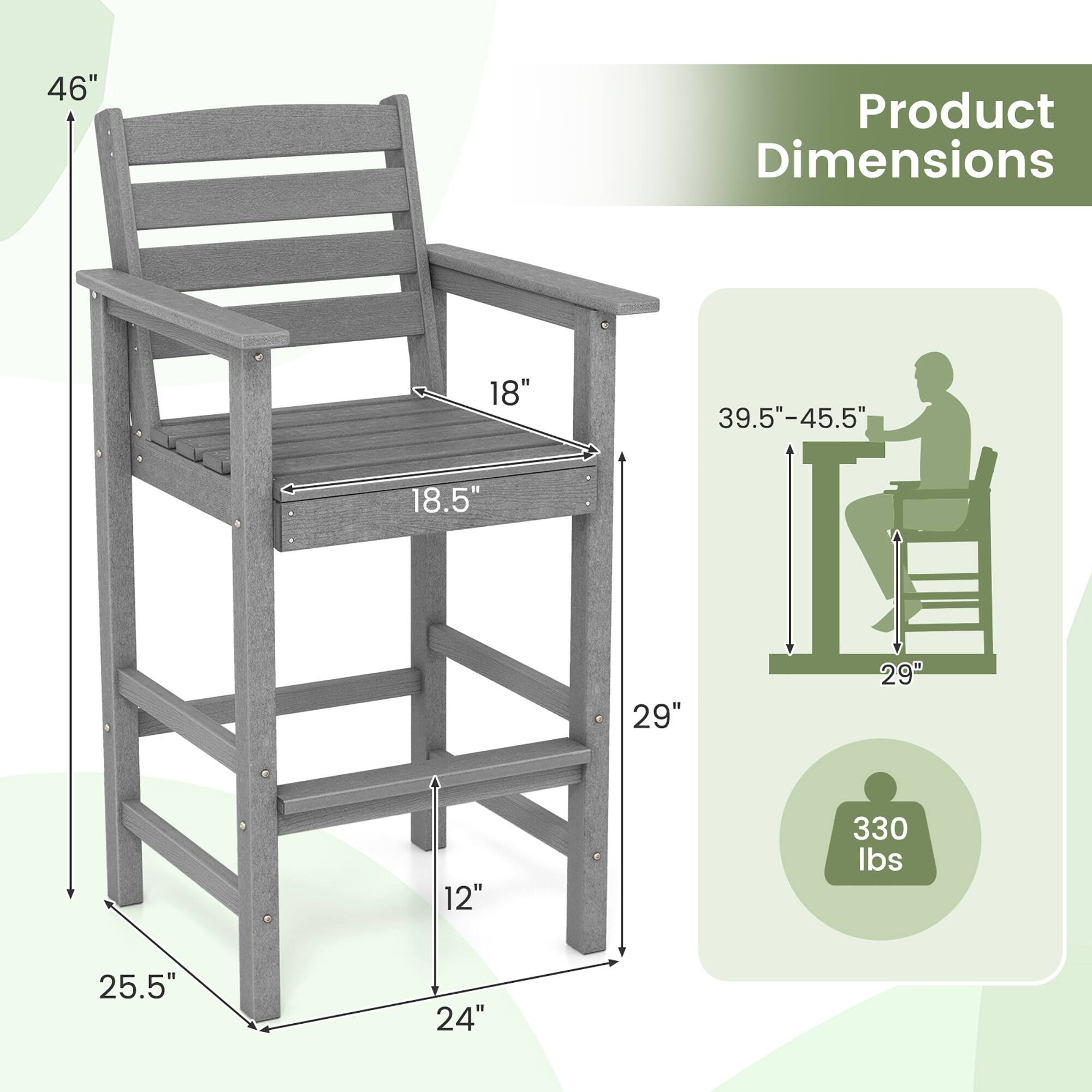 The corrected text based on the image is:

- Height: 46"
- Seat Height: 18"
- Seat Depth: 18.5"
- Back Height: 29"
- Width: 25.5"
- Depth: 24"
- Weight Capacity: 330 lbs
- Overall Height: 39.5"-45.5"
- Seat to Floor Height: 12"