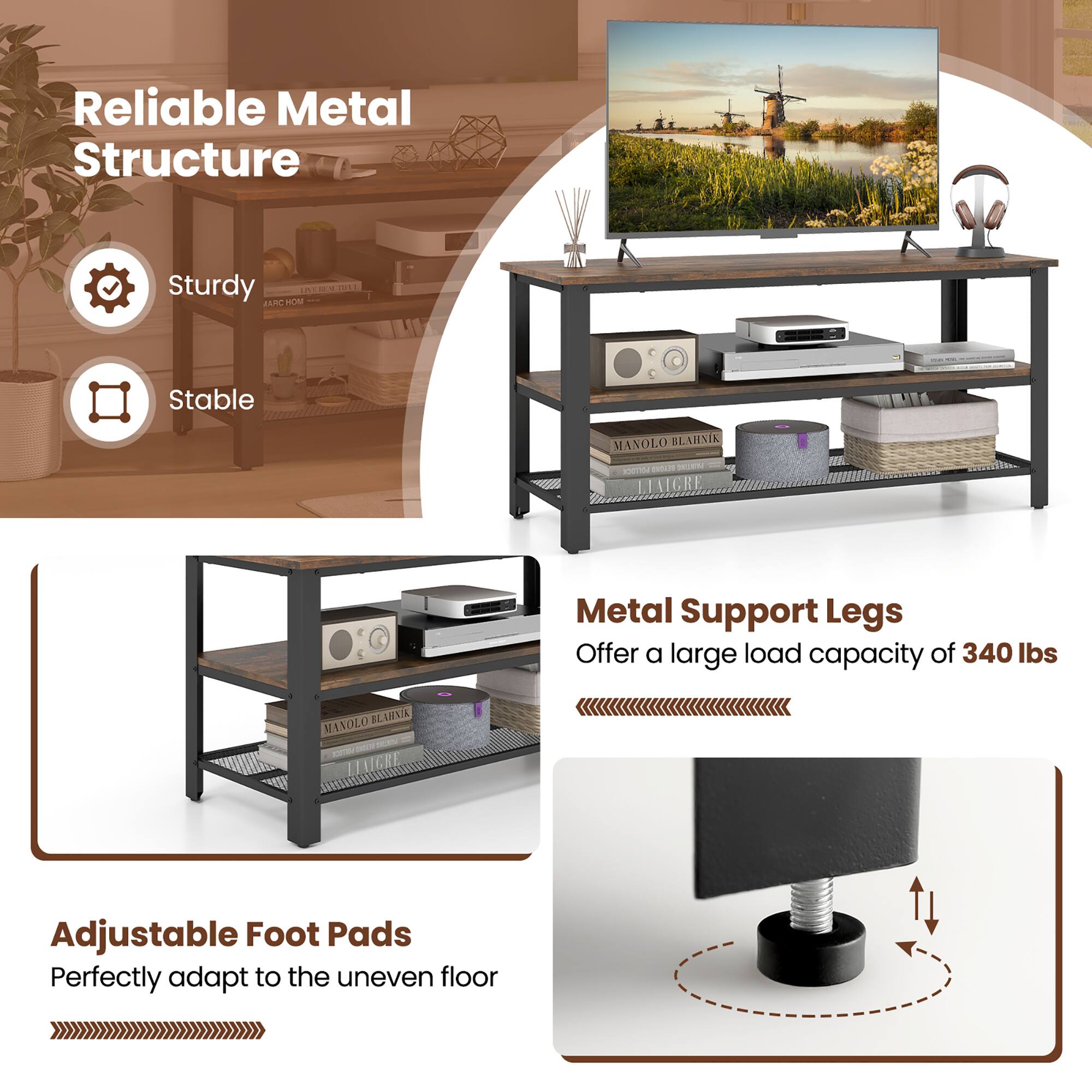 Reliable Metal Structure
Sturdy
Stable

Metal Support Legs
Offer a large load capacity of 340 lbs

Adjustable Foot Pads
Perfectly adapt to the uneven floor