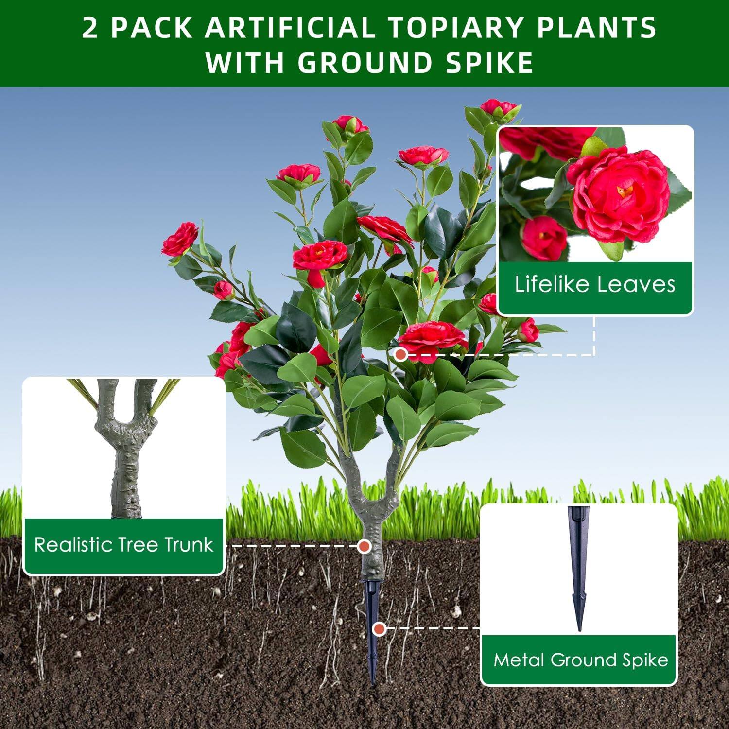 2 PACK ARTIFICIAL TOPIARY PLANTS WITH GROUND SPIKE

- Lifelike Leaves
- Realistic Tree Trunk
- Metal Ground Spike