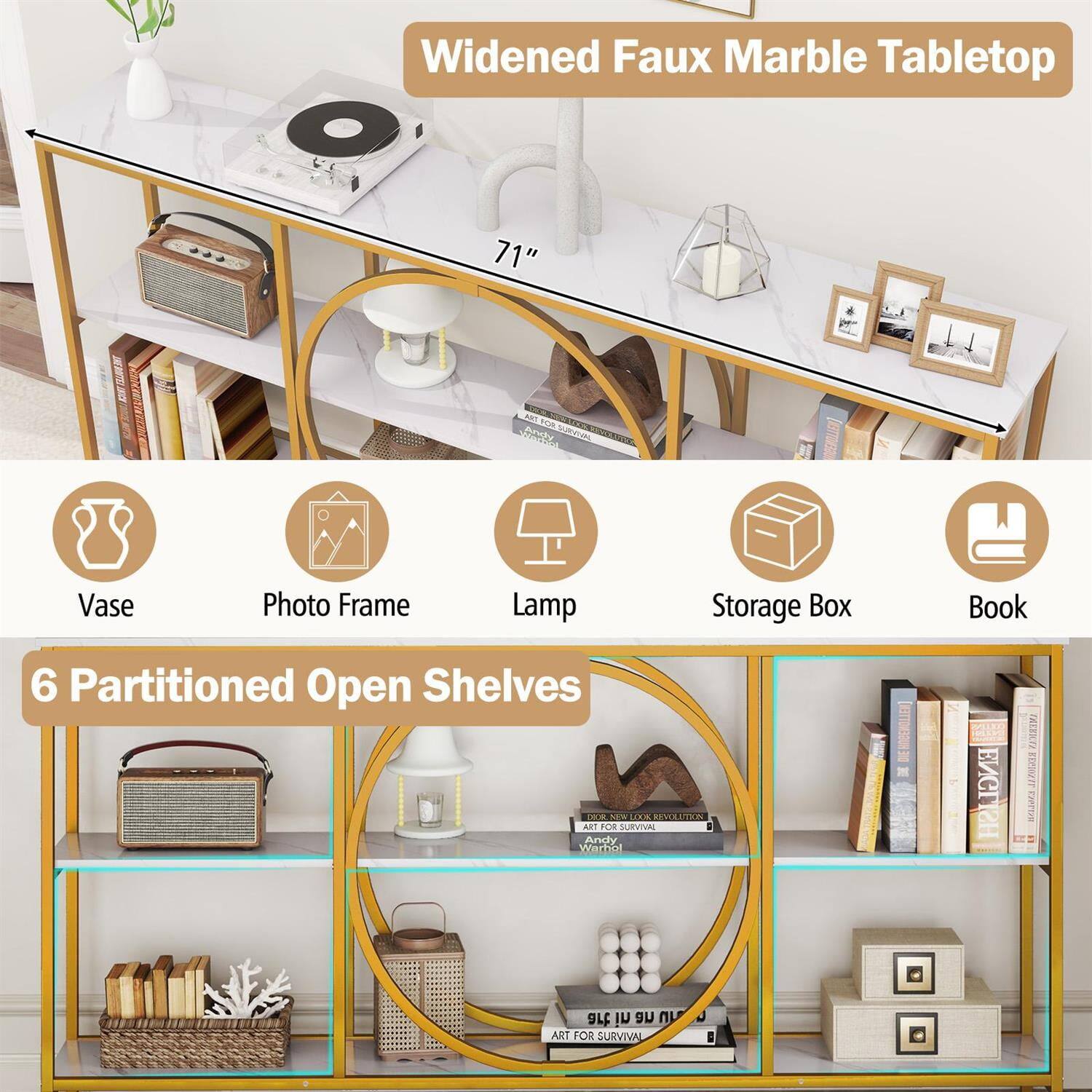 Widened Faux Marble Tabletop 71" TOS S SuEr TTO Vase Photo Frame Lamp Storage Box Book 6 Partitioned Open Shelves - HA LOUA RISOLIPES ART TOR SURVIVAL Andy Warhste NOGENBLIEN ENGLISH ALET M2r OLF in ue un ART FOR SURVIVAL

Widened Faux Marble Tabletop

6 Partitioned Open Shelves

- Vase
- Photo Frame
- Lamp
- Storage Box
- Book