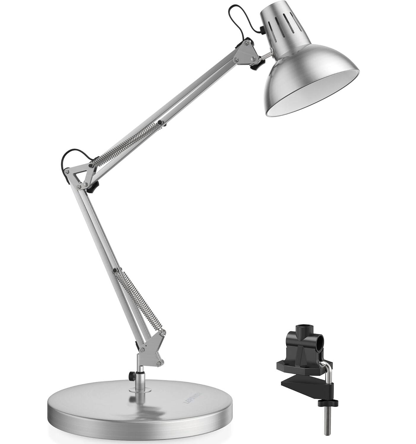 FINEAK - Adjustable Metal Desk Lamp with Clamp-Eye-Caring Reading & Office Light - Silver