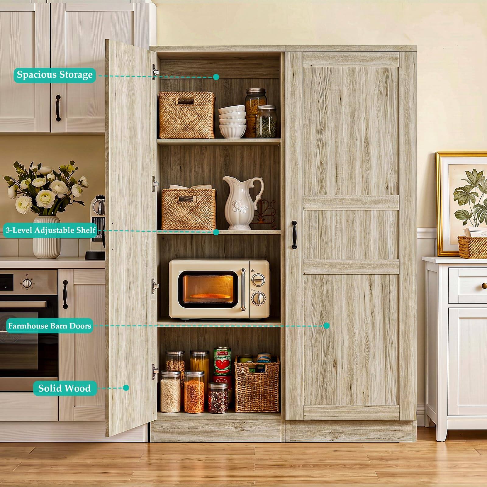 Spacious Storage  
3-Level Adjustable Shelf  
Farmhouse Barn Doors  
Solid Wood