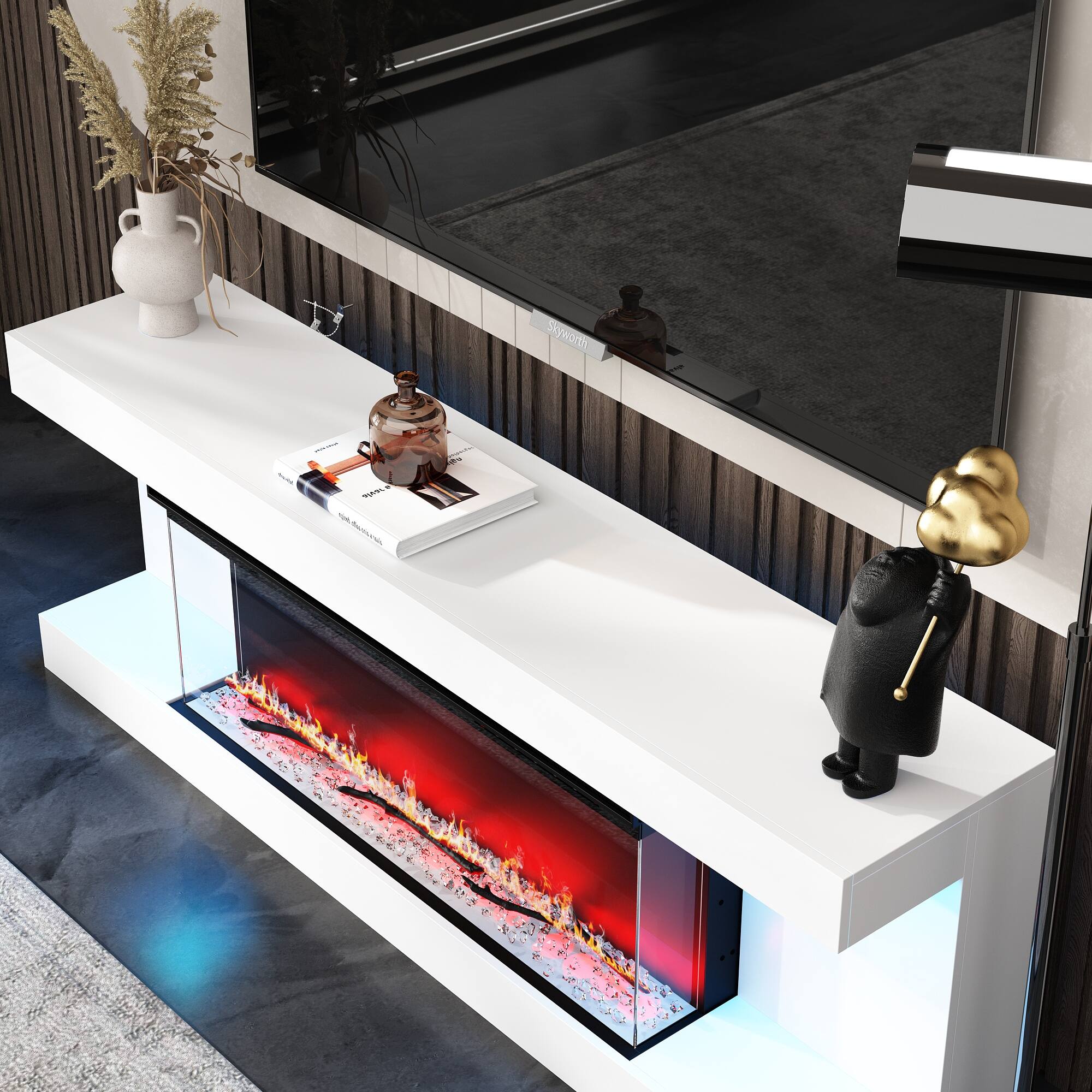 Left. Famapy - Upto 65" TV Stand with Electric Fireplace and LED Lights, Entertainment Center with Storage for Living Room Heating - White & Black.