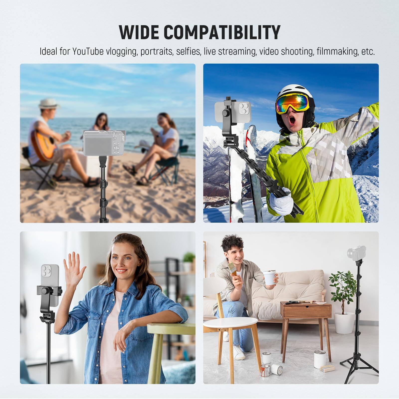 WIDE COMPATIBILITY  
Ideal for YouTube vlogging, portraits, selfies, live streaming, video shooting, filmmaking, etc.