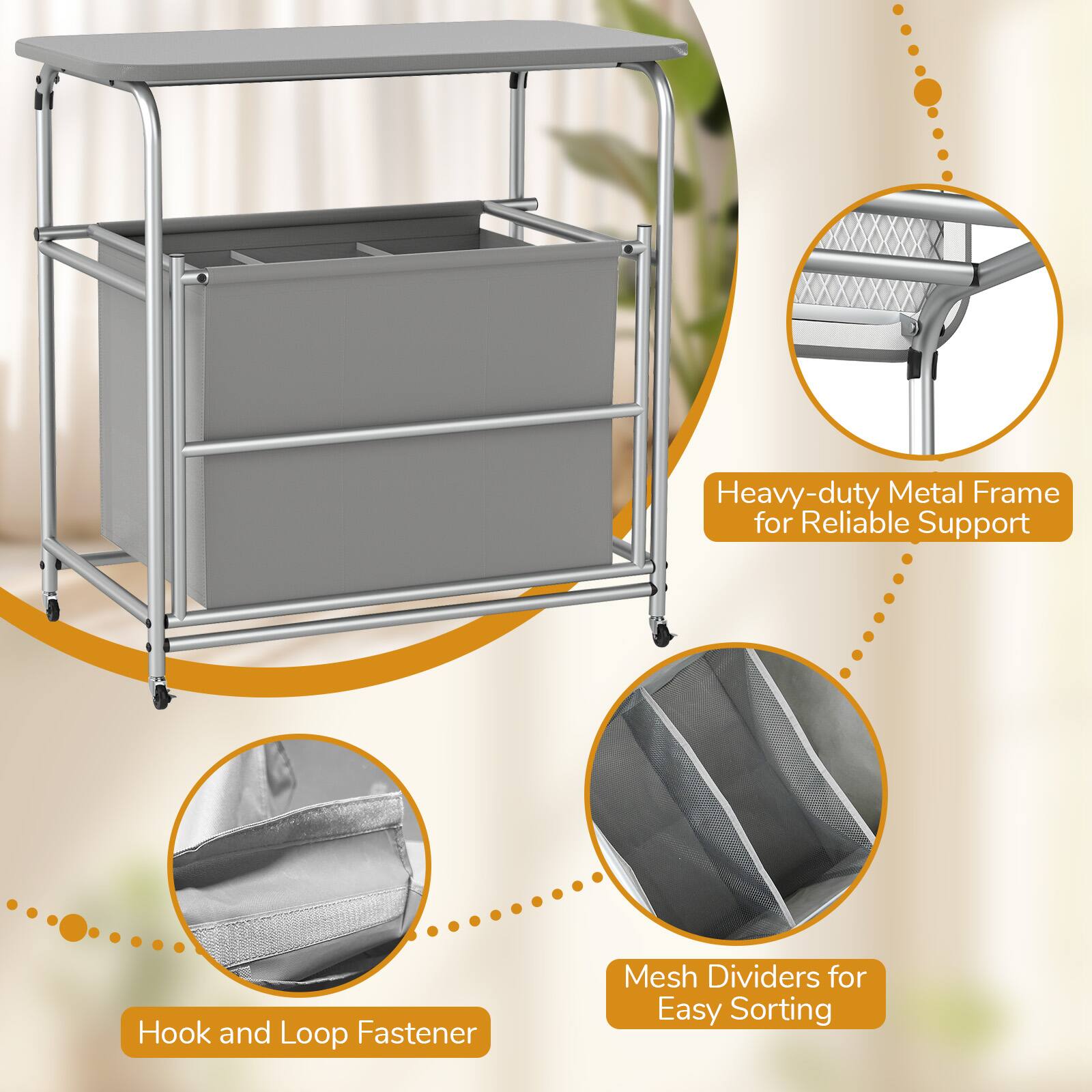 Heavy-duty Metal Frame for Reliable Support  
Hook and Loop Fastener  
Mesh Dividers for Easy Sorting