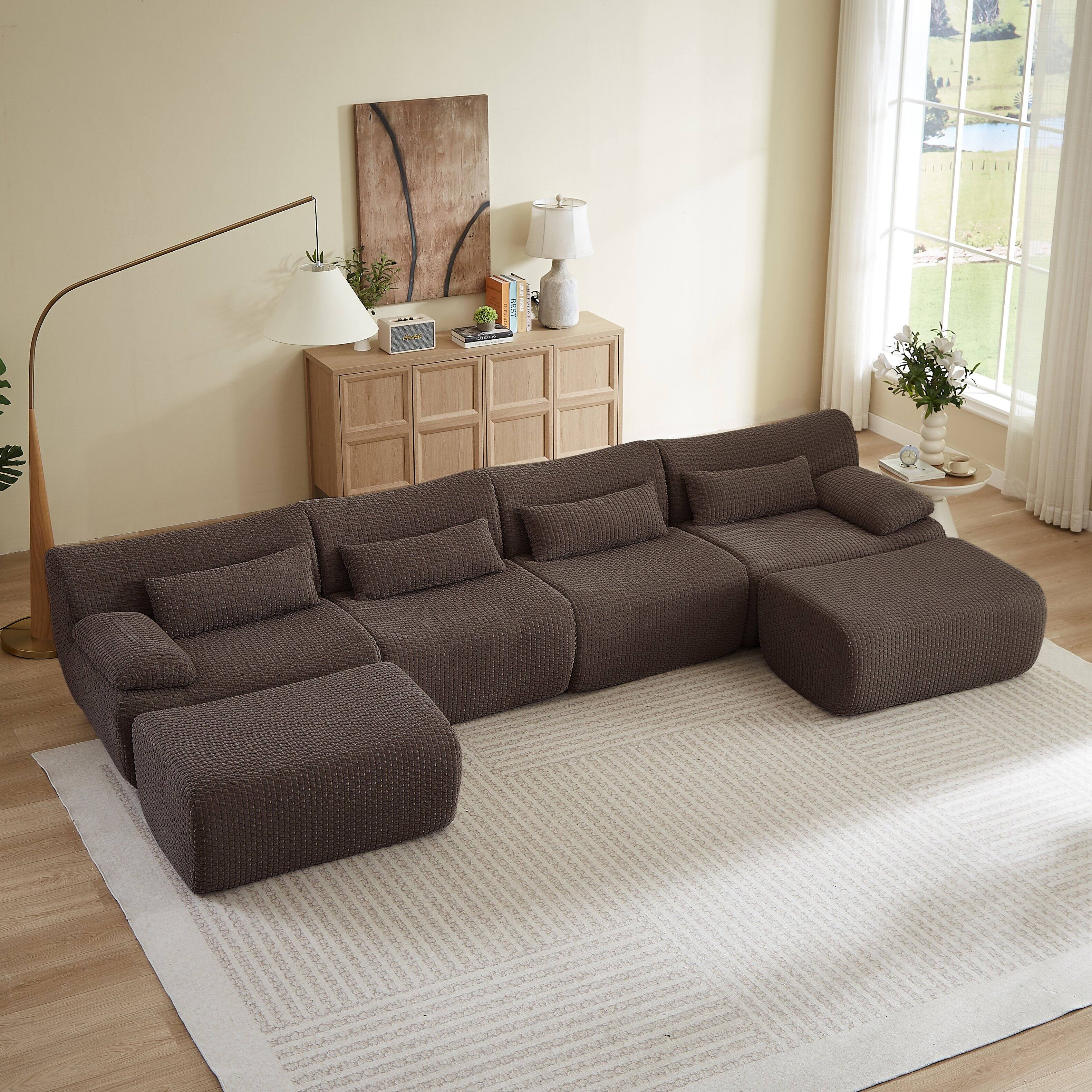 Left. Anysun - 6 Seat U-Shape Convertible Sectional Couch with Ottoman, Cloud Comfort Corduroy Fabric Sofa for Living Room - Brown.